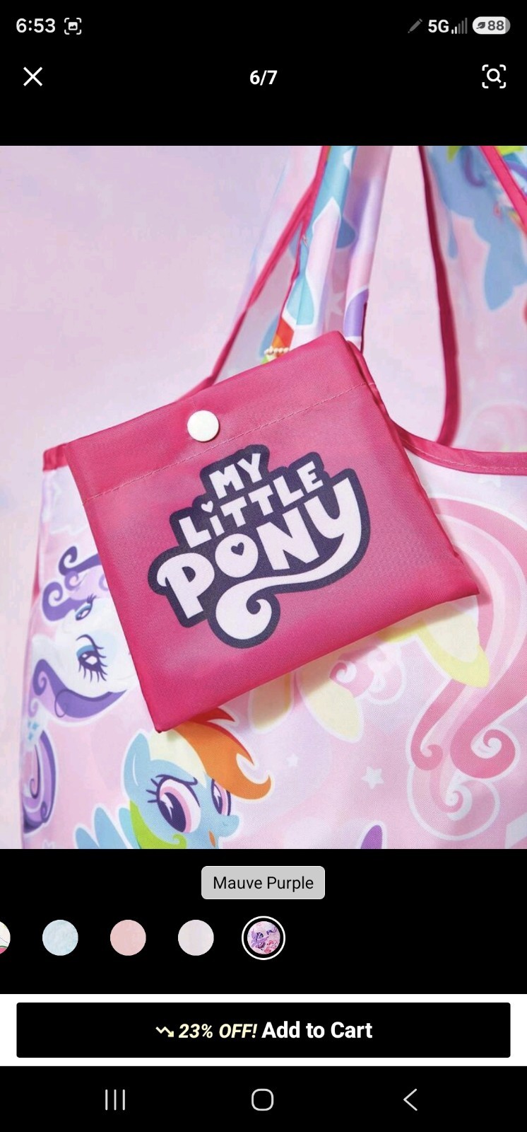 My Little Pony Foldable Reusable Shopping Bag, Tote Bag Pink All-Over, 22×18