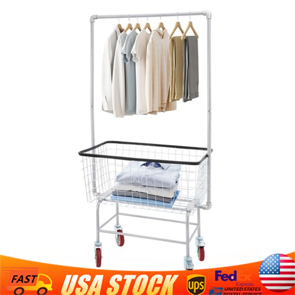 Wire Laundry Basket Cart W/Hanger Rack Trolley Grocery 4 Wheels 50kg/110lbs
