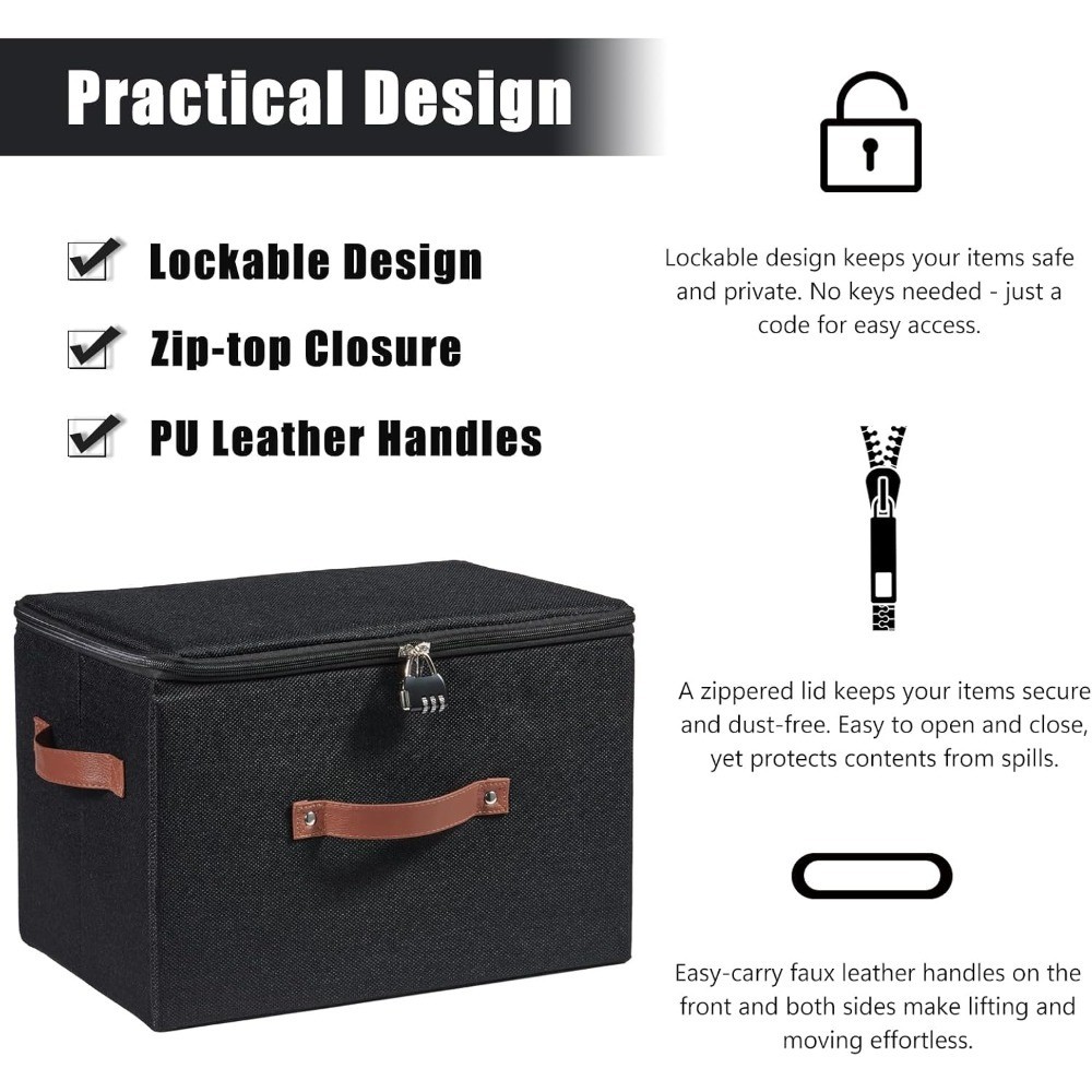 Storage Bins Boxes with Zipper Lid Combination Lock PU Leather Handles Cotton
