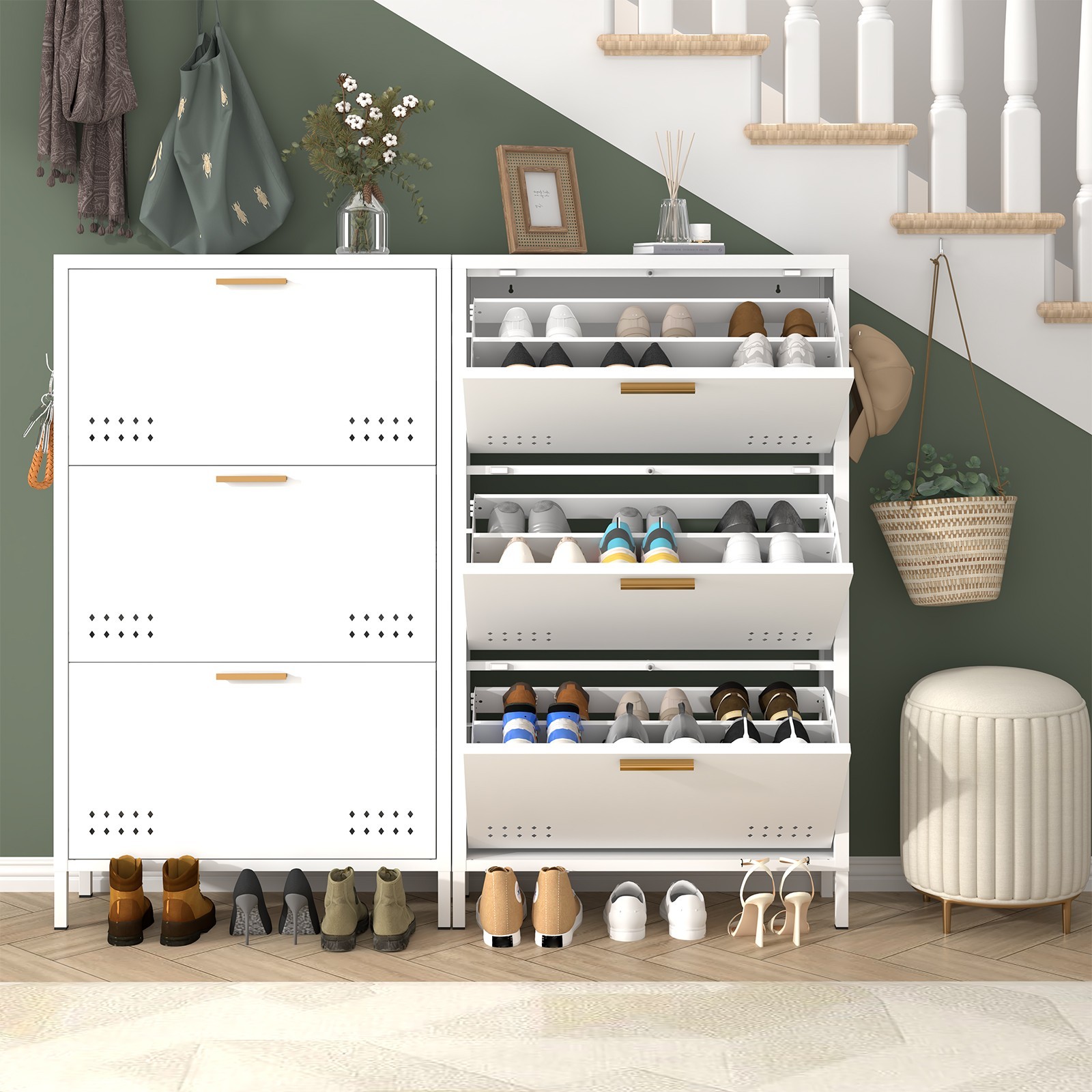 Shoe Cabinet with 3 Flip Drawers, Hidden Metal Shoe Cabinet for Entryway Hallway