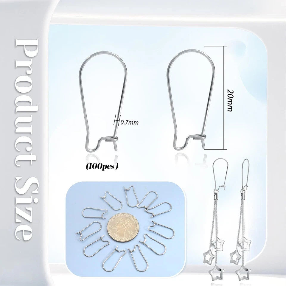 TOAOB 100pcs Earring Hooks Stainless Steel Kidney Ear Wires 20mm, Silver