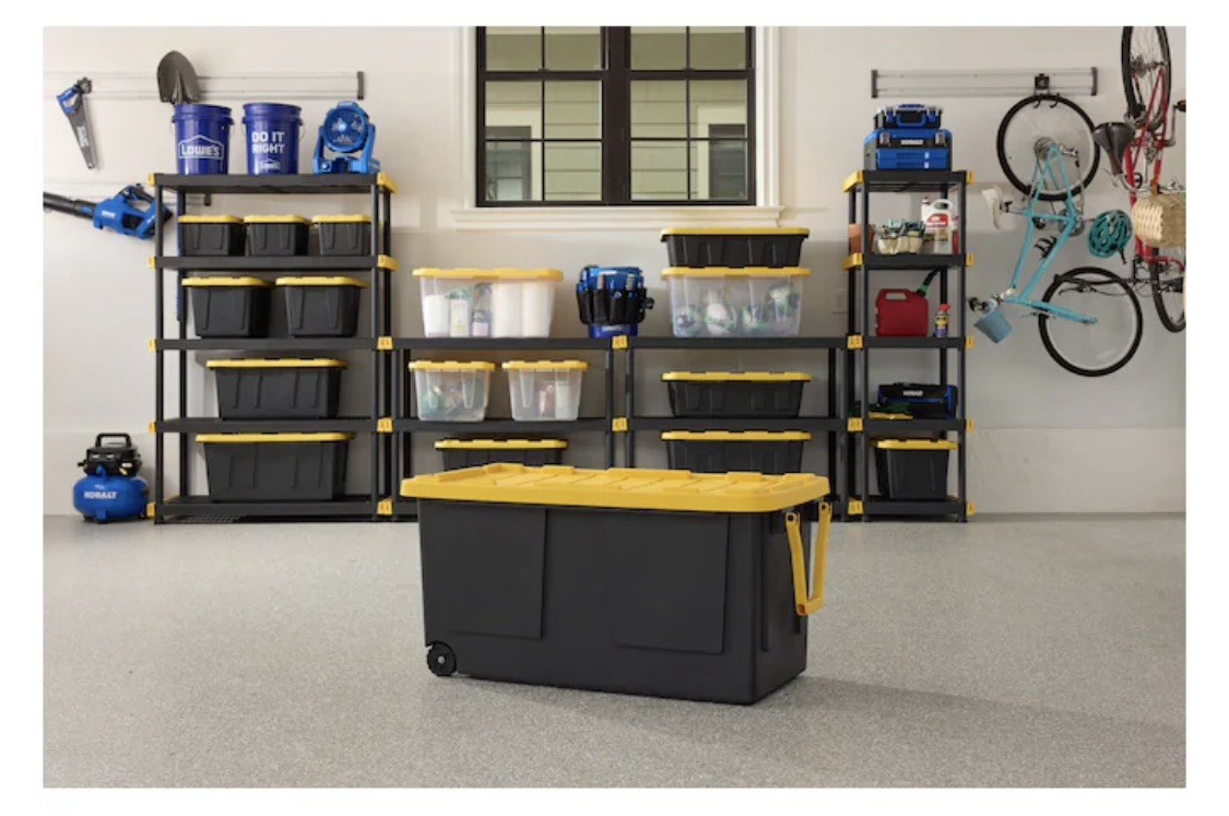 75 Gallon Extra Large Black Yellow Plastic Storage Container, Lidded, Stackable