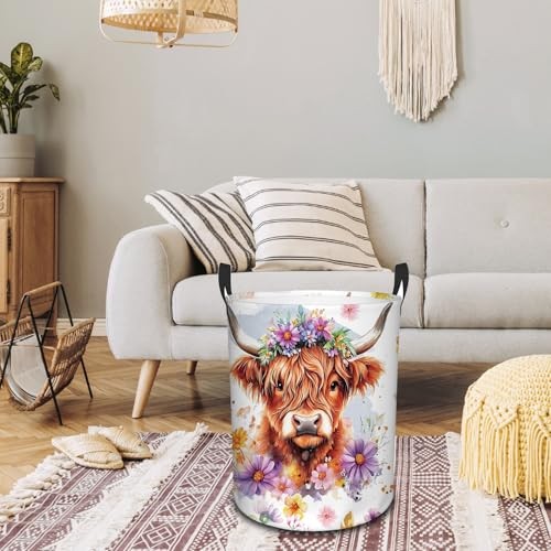 Highland Cow Laundry Basket, 43L Round Oxford Cloth Flower Highland Cattle