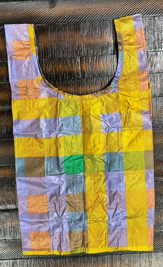 Set Of 2 BAGGU Baby Reusable Bag MADRAS METALLIC Plaid Purple Gold Tote NWT