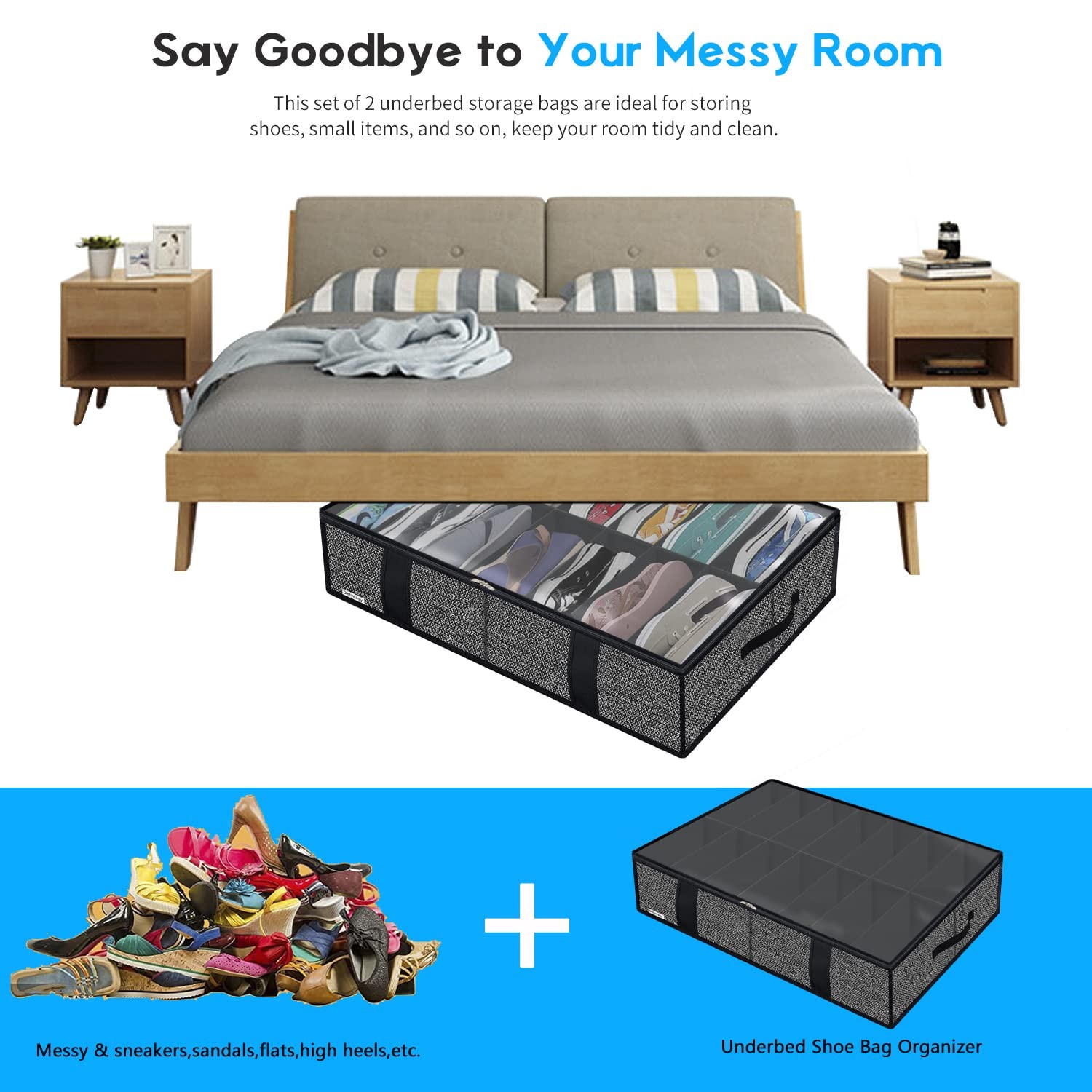 Under Bed Shoes Storage Organizer 86x60x15 cm Black MXAUBS14S4 2 PCS