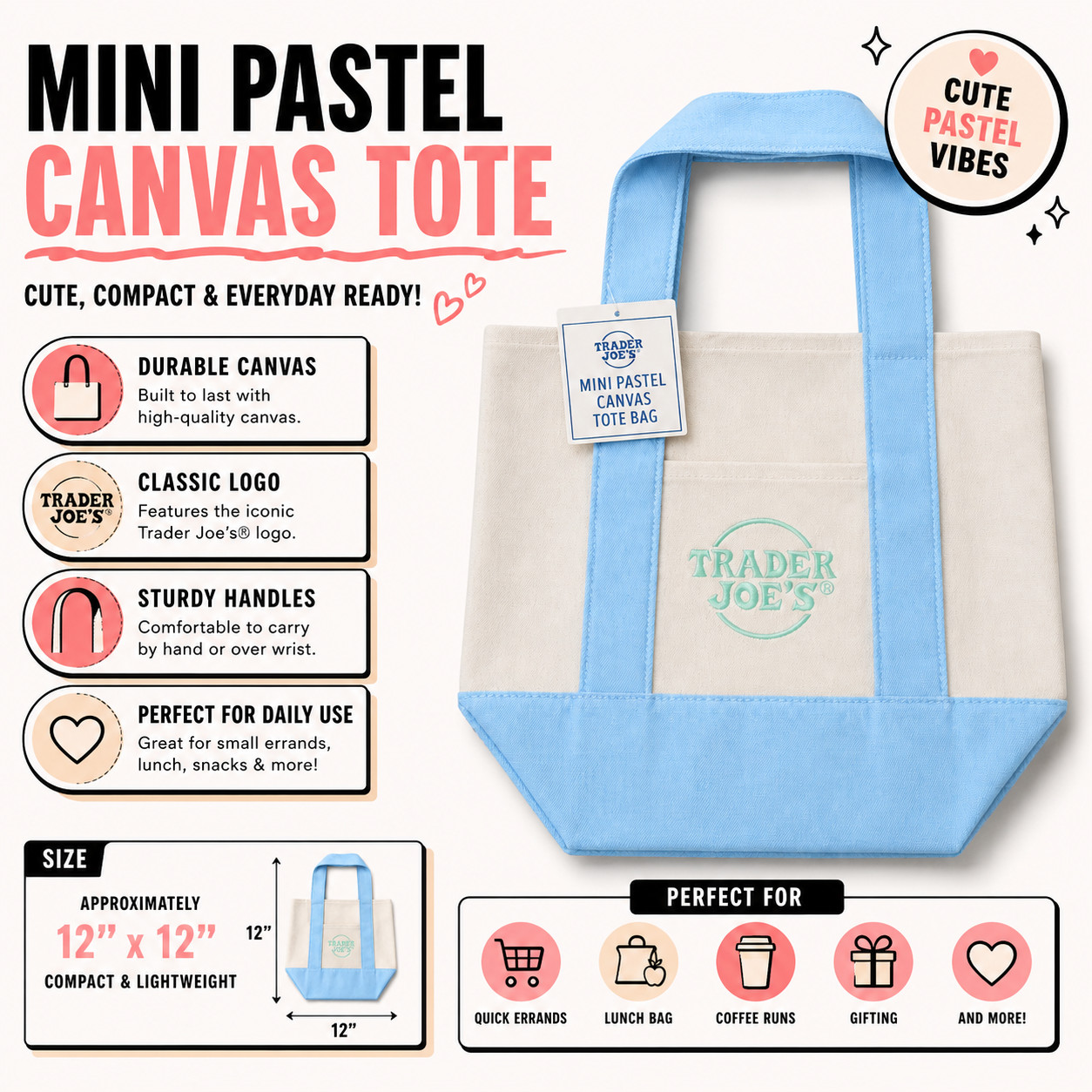 Mini Pastel Canvas Tote Bag – Embroidered Trader Joe’s Logo, Small Tote