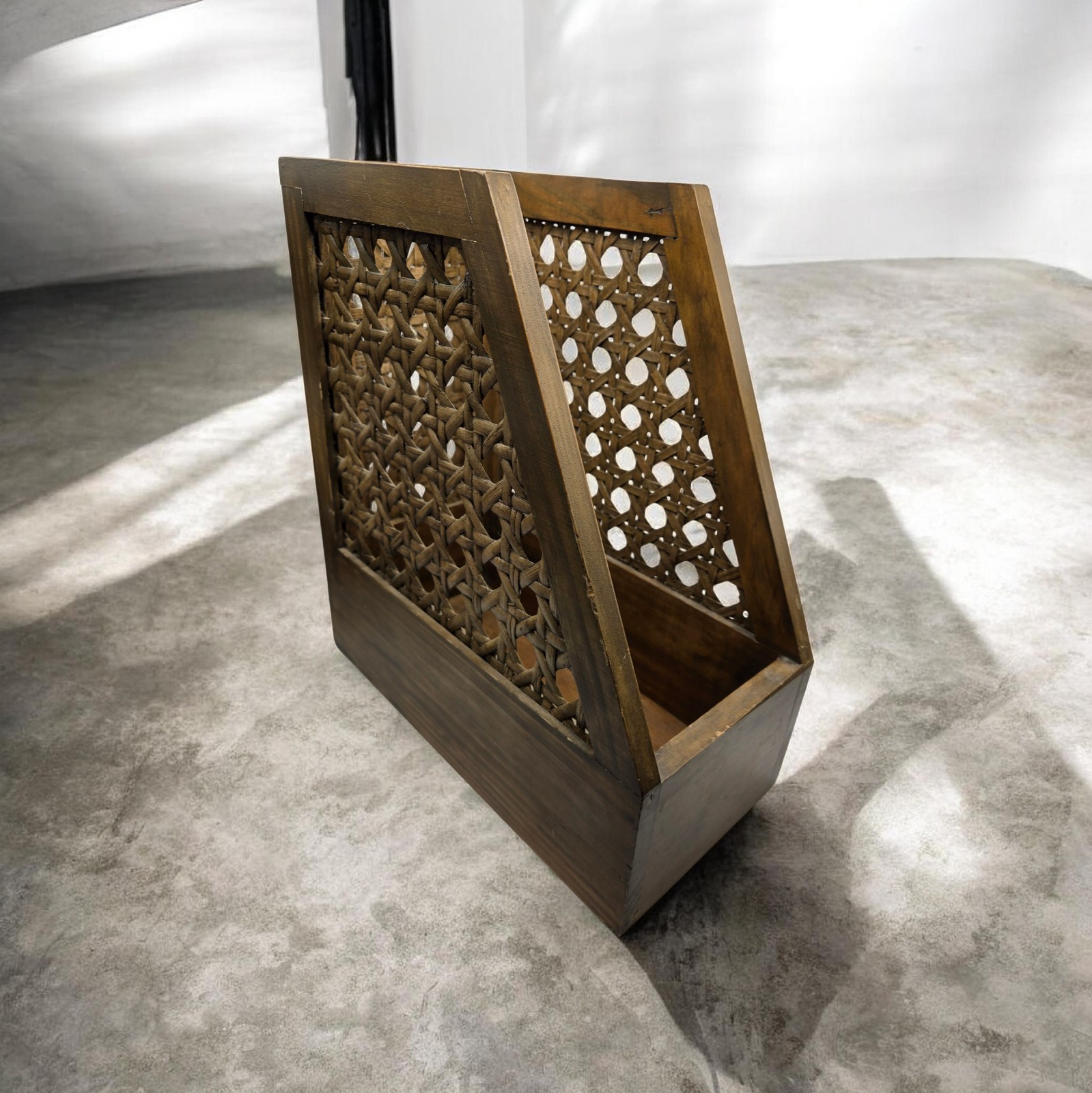Mid-Century Teak Wood Desktop File Organizer | Geometric Cutout Magazine Rack |