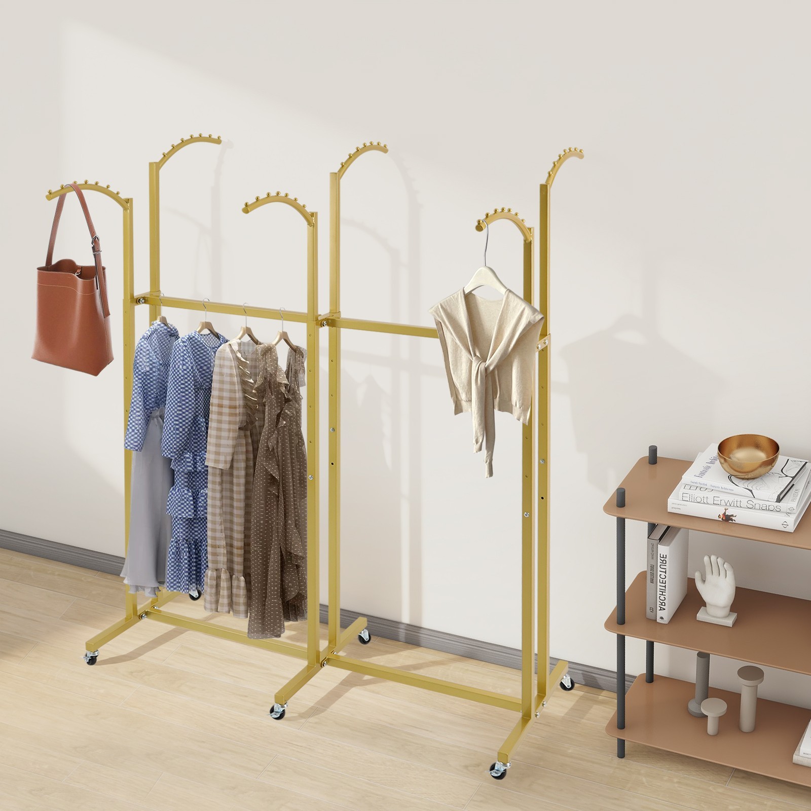 Gold 6 Arms Clothing Display Rack With Wheels, 55.12-70.87in Adjustable Height