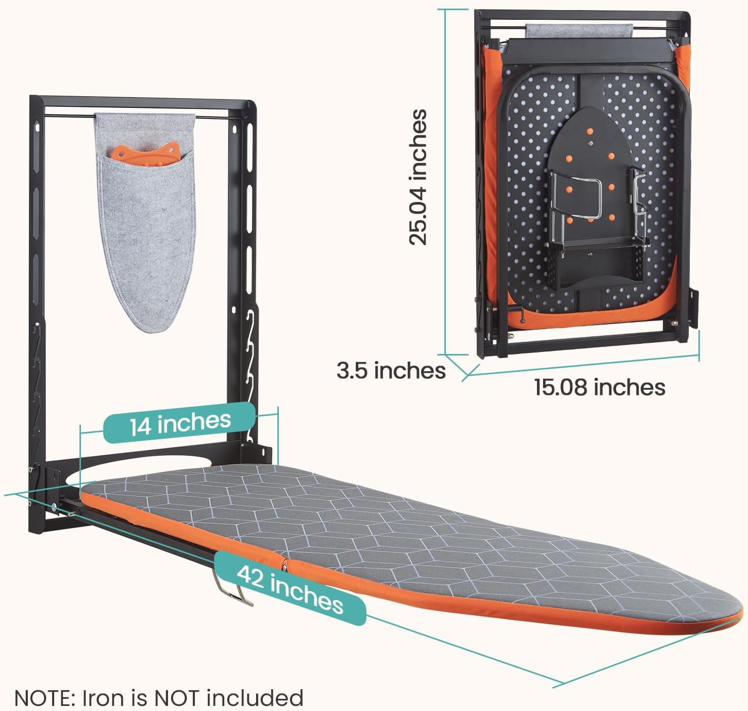 Wall Mounted Ironing Board with Iron Holder, 42X14 Compact Mount Foldable Ironin