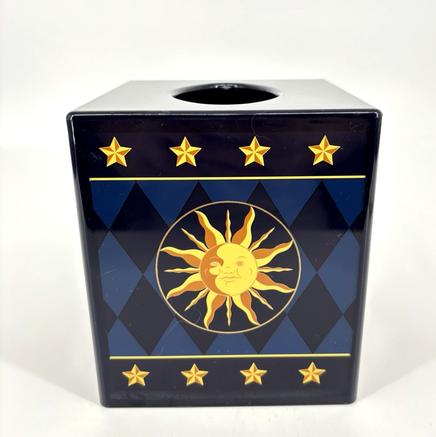Celestial Night Sky Tissue Box Moon Star Sun Navy Blue Gold Whimsical