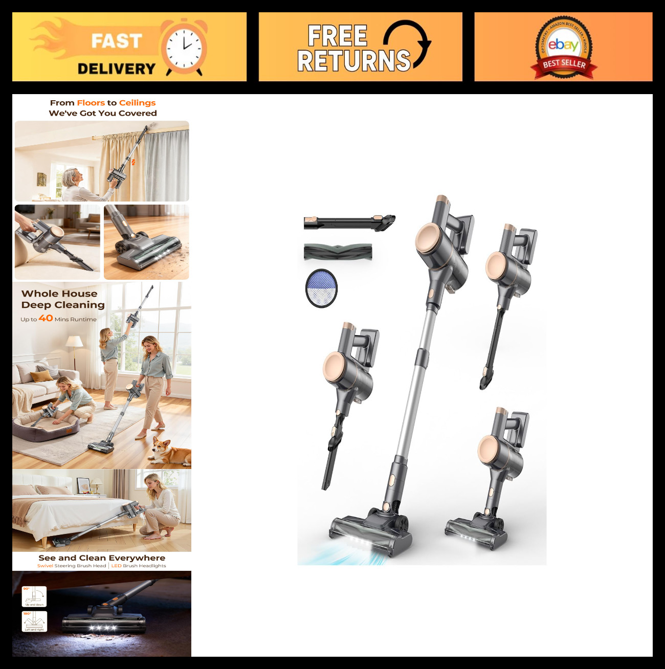 Lightweight Cordless Vacuum Cleaner – Powerful Suction, 40 Min Runtime, Self-Sta