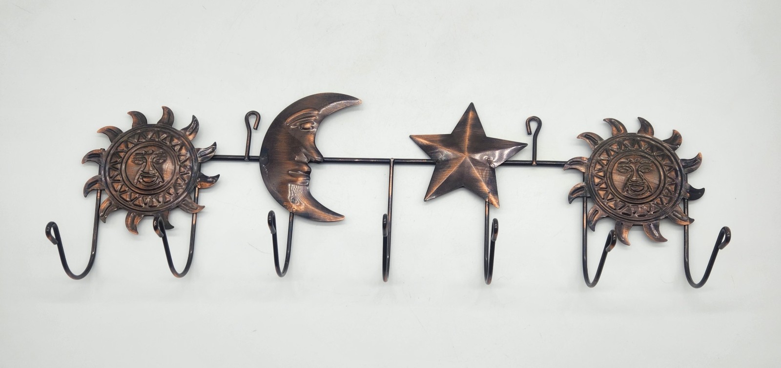Celestial Sun Moon Star Metal Wall Hook Rack 7 Hooks Rustic Bronze Decor