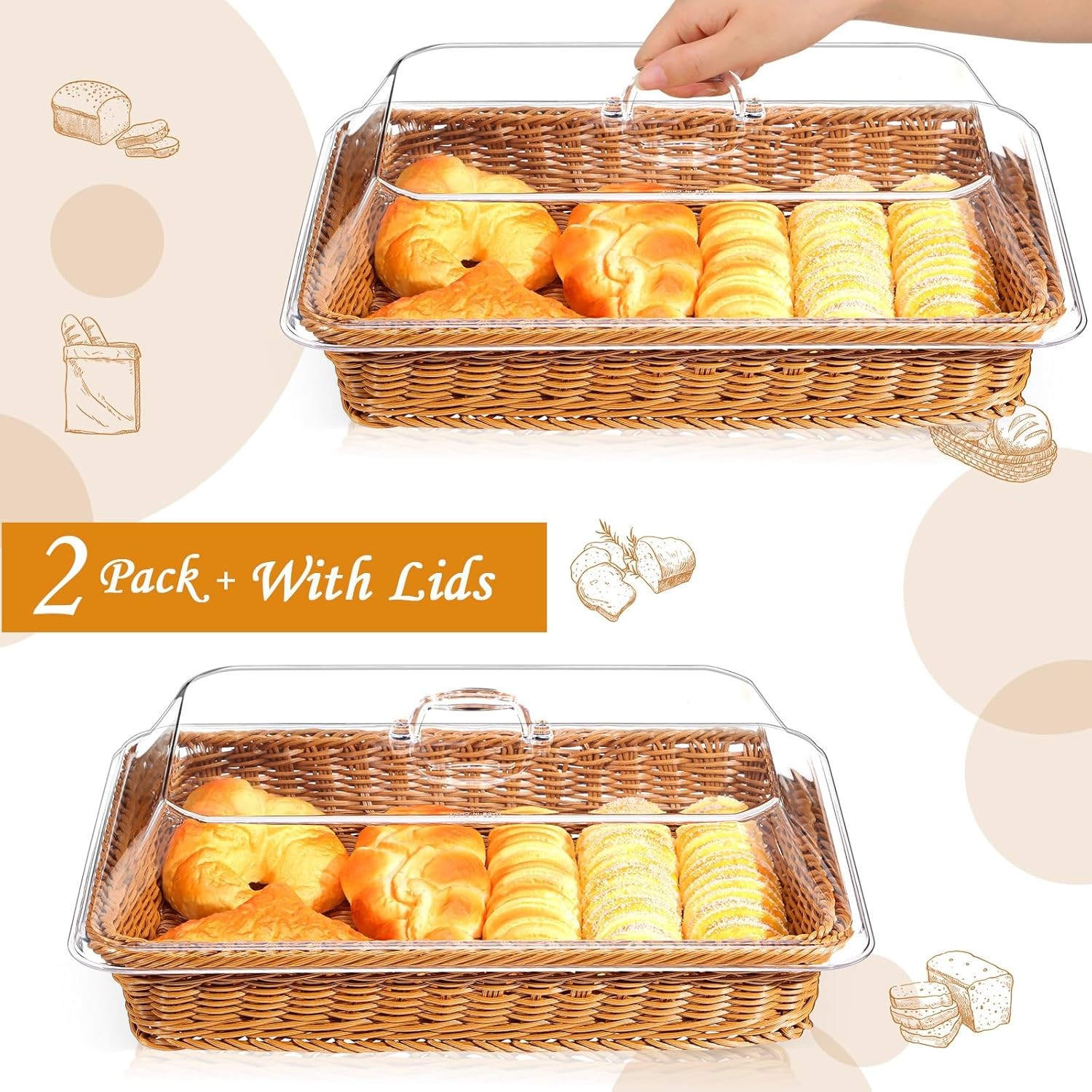 2 Pack Wicker Large Bread Basket with Acrylic Lid Housewarming Woven