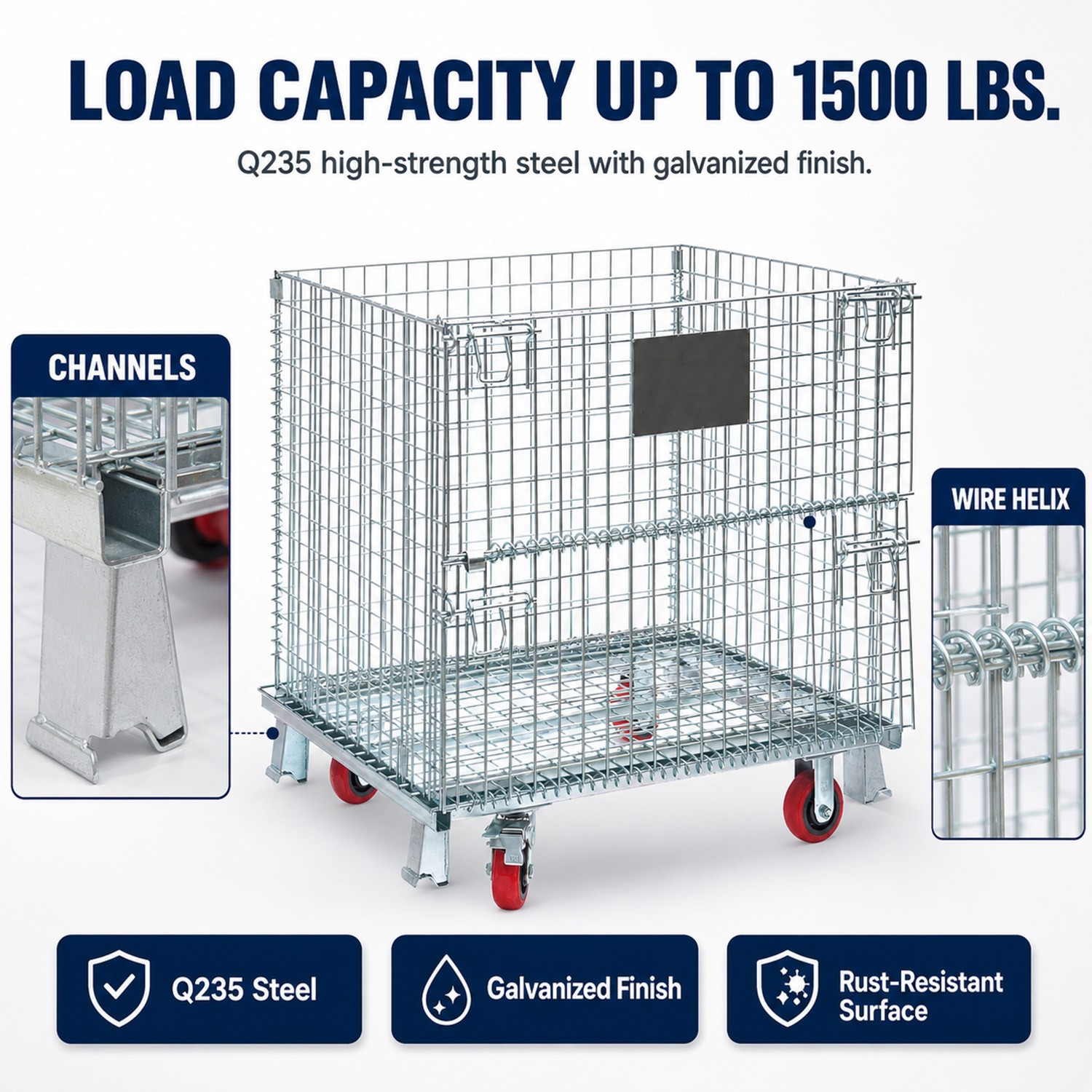 3000 lbs Foldable Wire Storage Basket with Wheels 40″x32″x34″ for Laundry Room