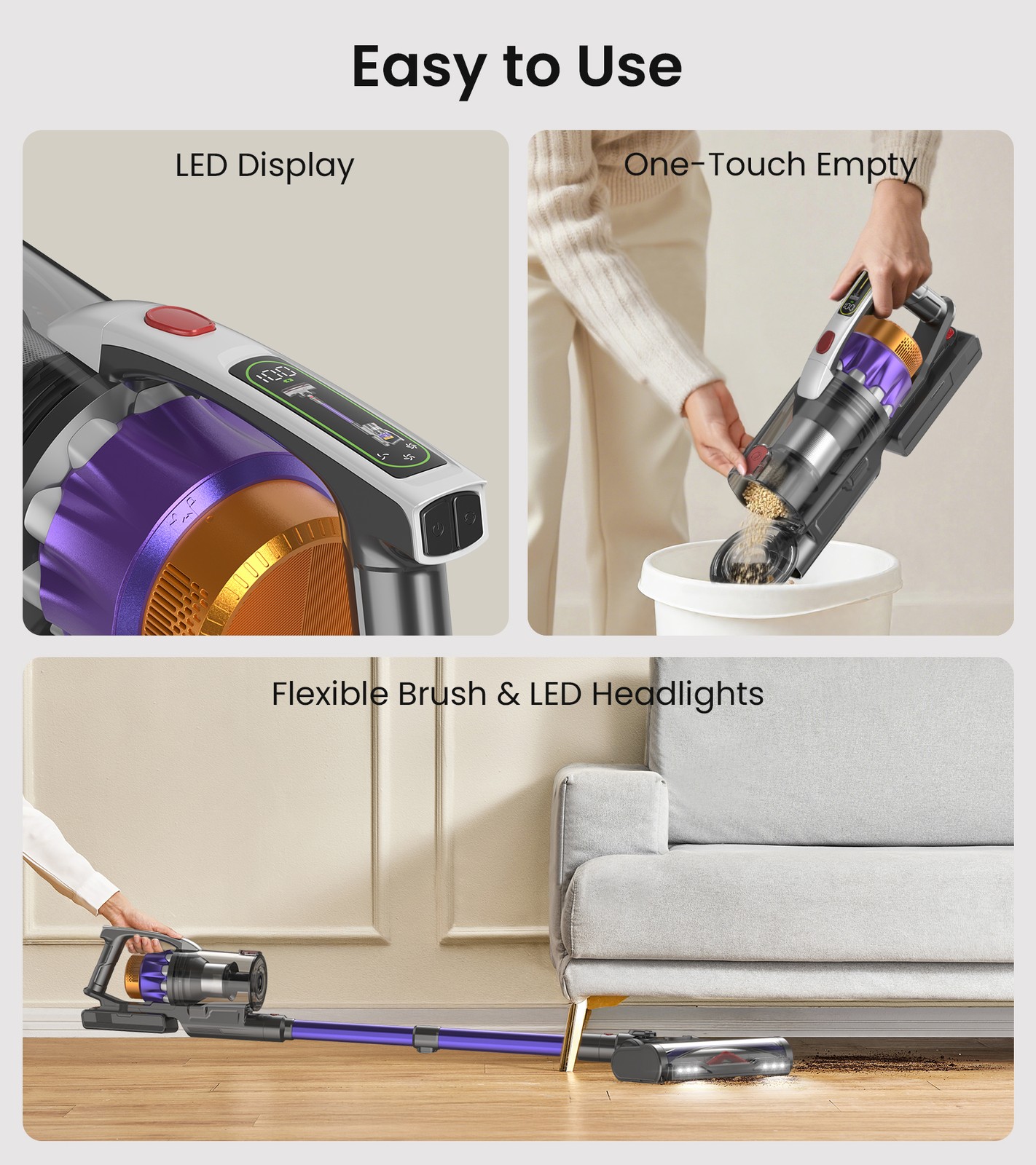 Cordless Vacuum Cleaner 65KPA 70Min Self-Standing Stick 650W for Pet Hair Carpet