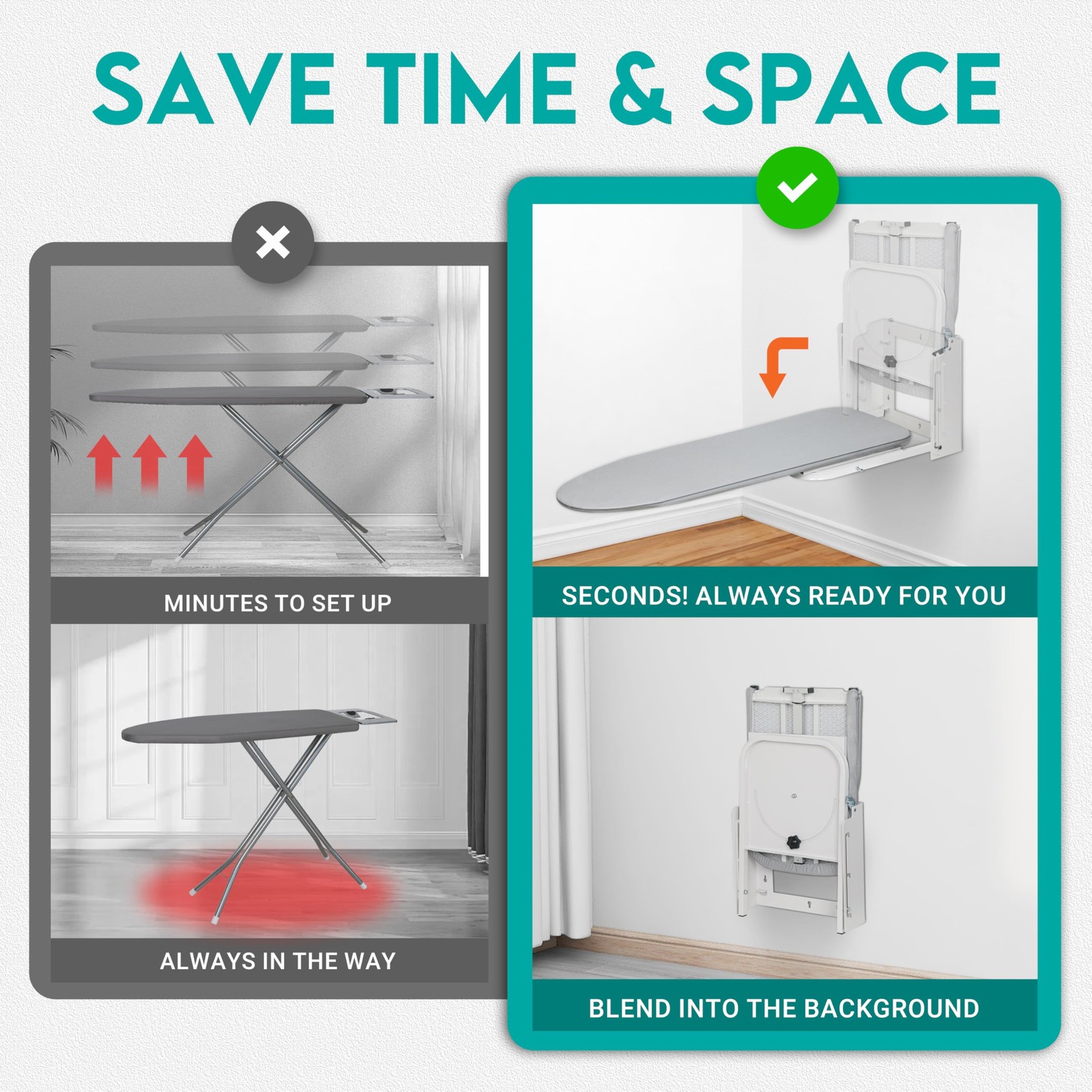 Wall Mounted Ironing Board, 180 Rotation, Space-Saving Fold Down, 36″ X 12″, Sil
