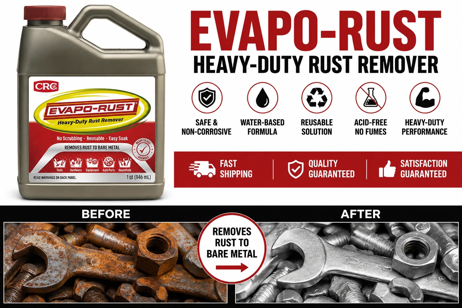 CRC Evapo-Rust Heavy Duty Rust Remover 32oz Metal Cleaner NonCorrosive Acid-Free