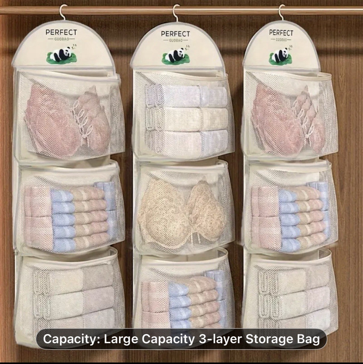Single piece Triple-Layer Hanging Underwear , Socks , and Bra Mesh Storage Bag.