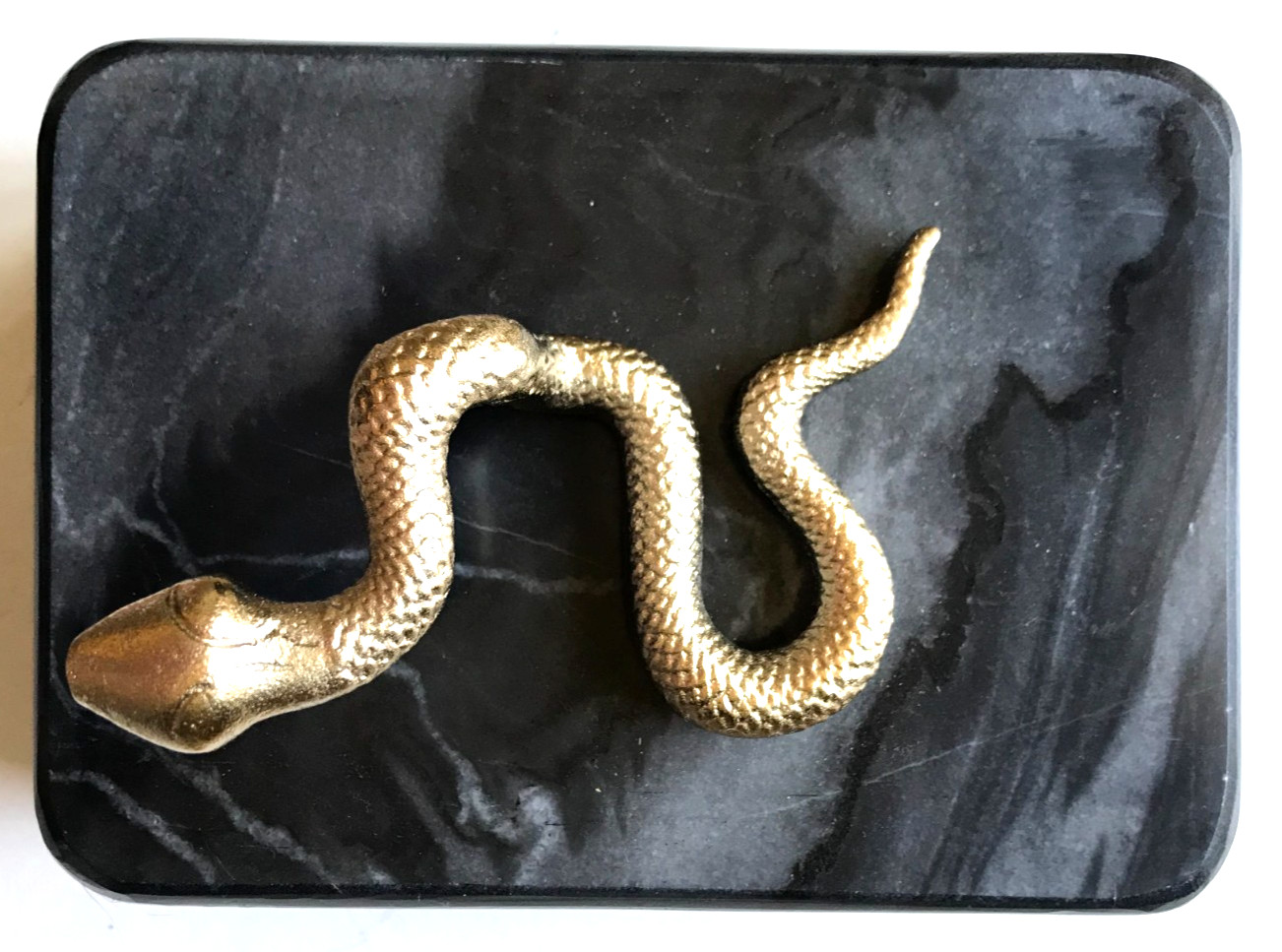 New Black & Gray Marble Box, 7 x 5 x -4-1/2″, “Gold” Snake on Lid, 5-1/2 lbs