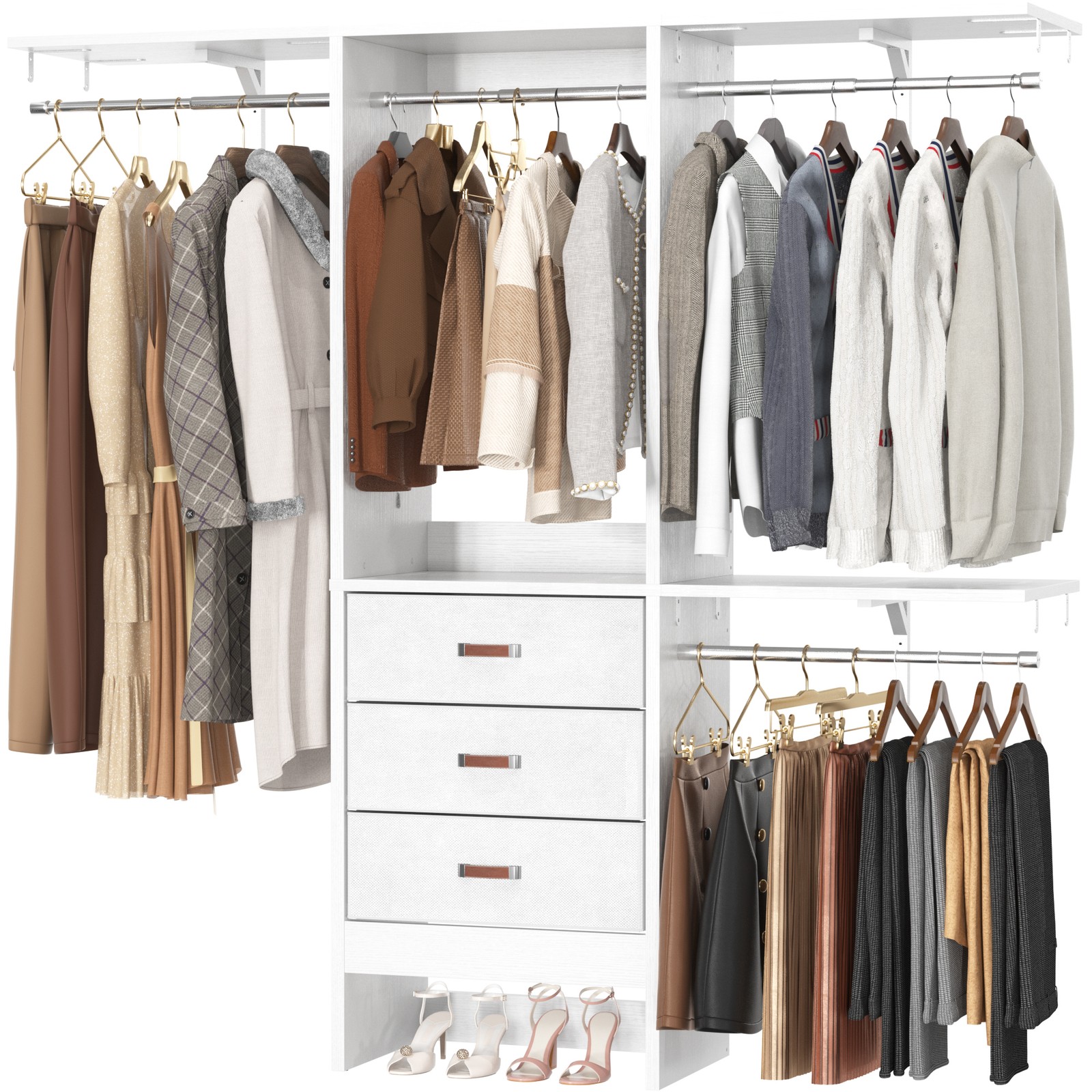 5FT Closet System with 4 Hanging Rods, 3 Fabric Drawers & Adjustable Shelves