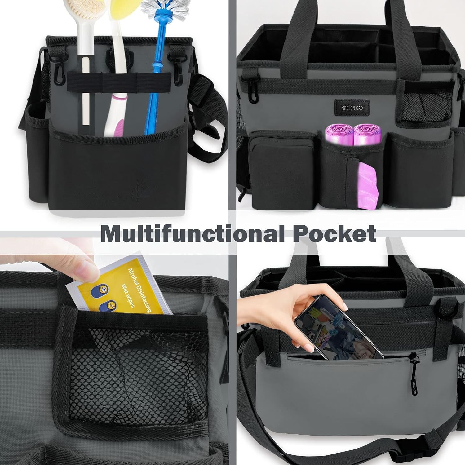 Wearable Cleaning Caddy Bag Adjustable Shoulder Waist Straps Grey Large