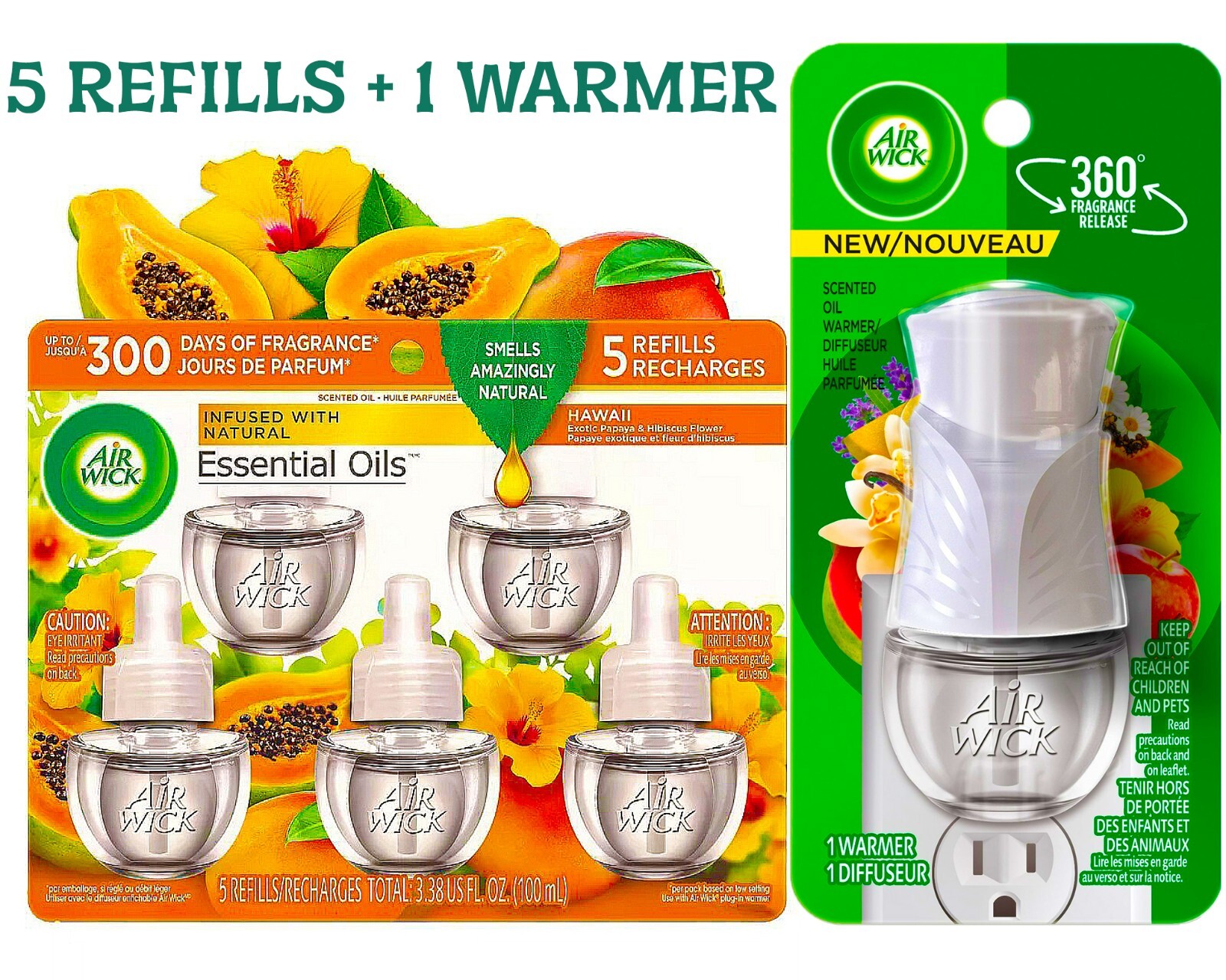 AIR WICK 5 Refill Bottles + 1 Plug Warmer 300 Days Natural Oil Fragrances 100ml