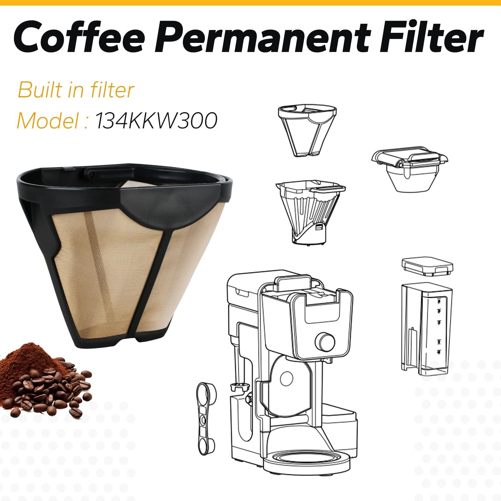 134KKW300 Coffee Permanent Filter Compatible 4.82” x 4.17” x 3.93”, Black