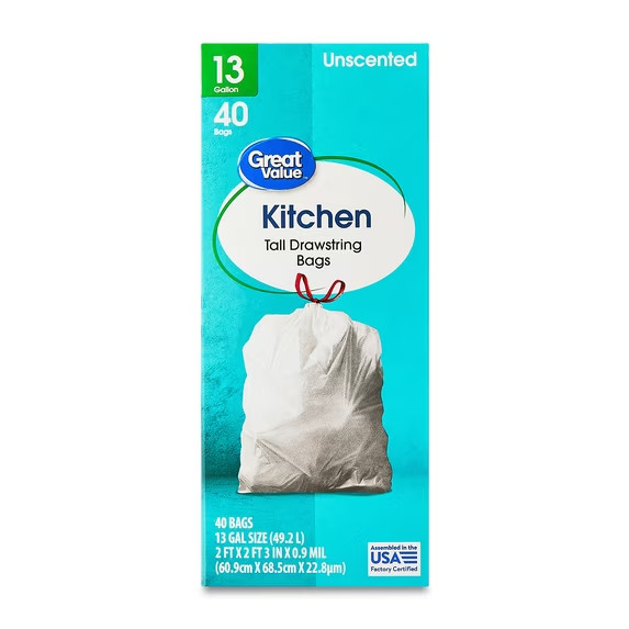 Great Value Tall Kitchen Trash Bags, 13 gal, Drawstring, Unscented, 40 Bags