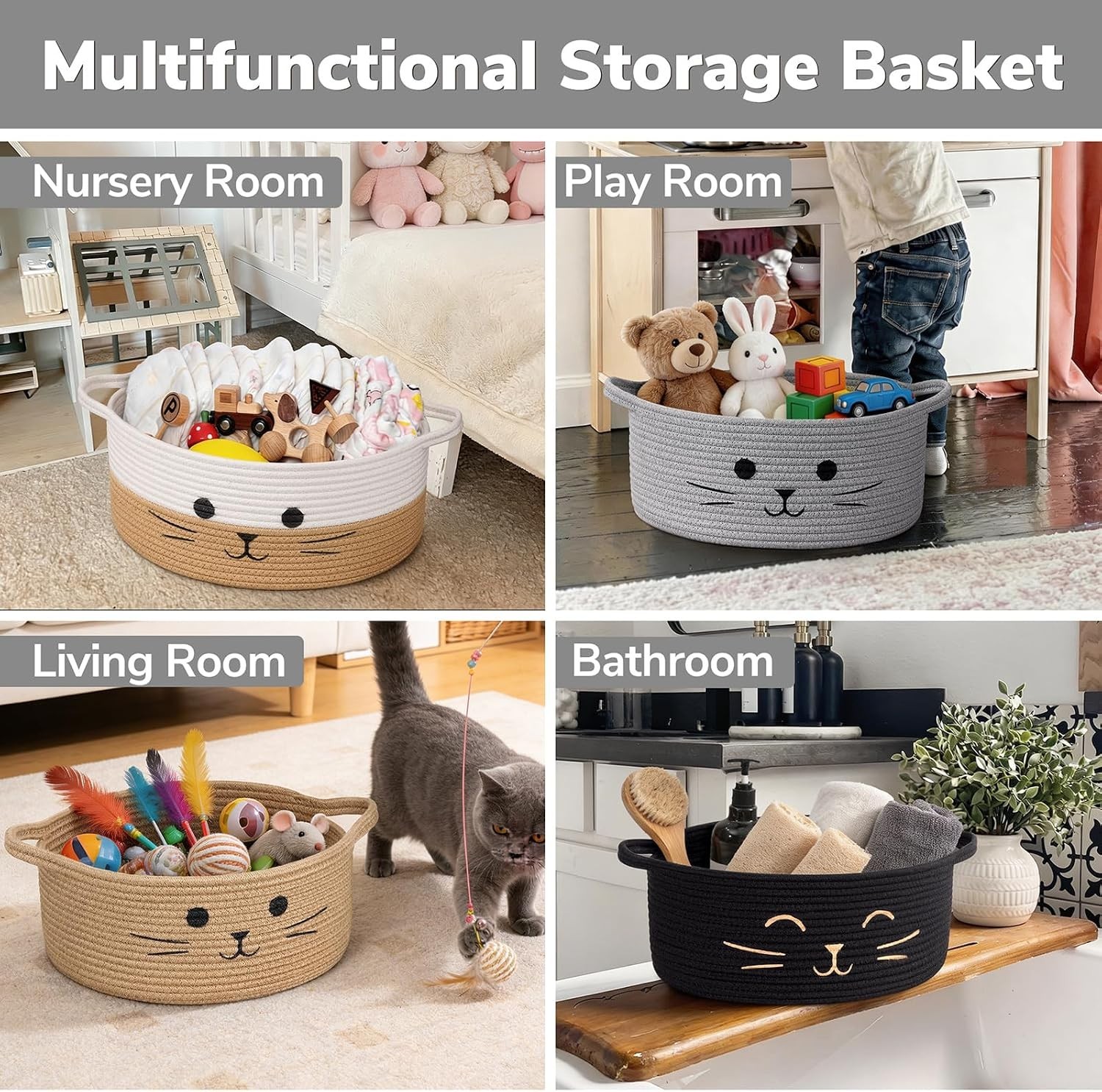 Multi-Purpose Cat Toy Storage Basket – Grey, 13.8″ x 6″ for Home & Nursery