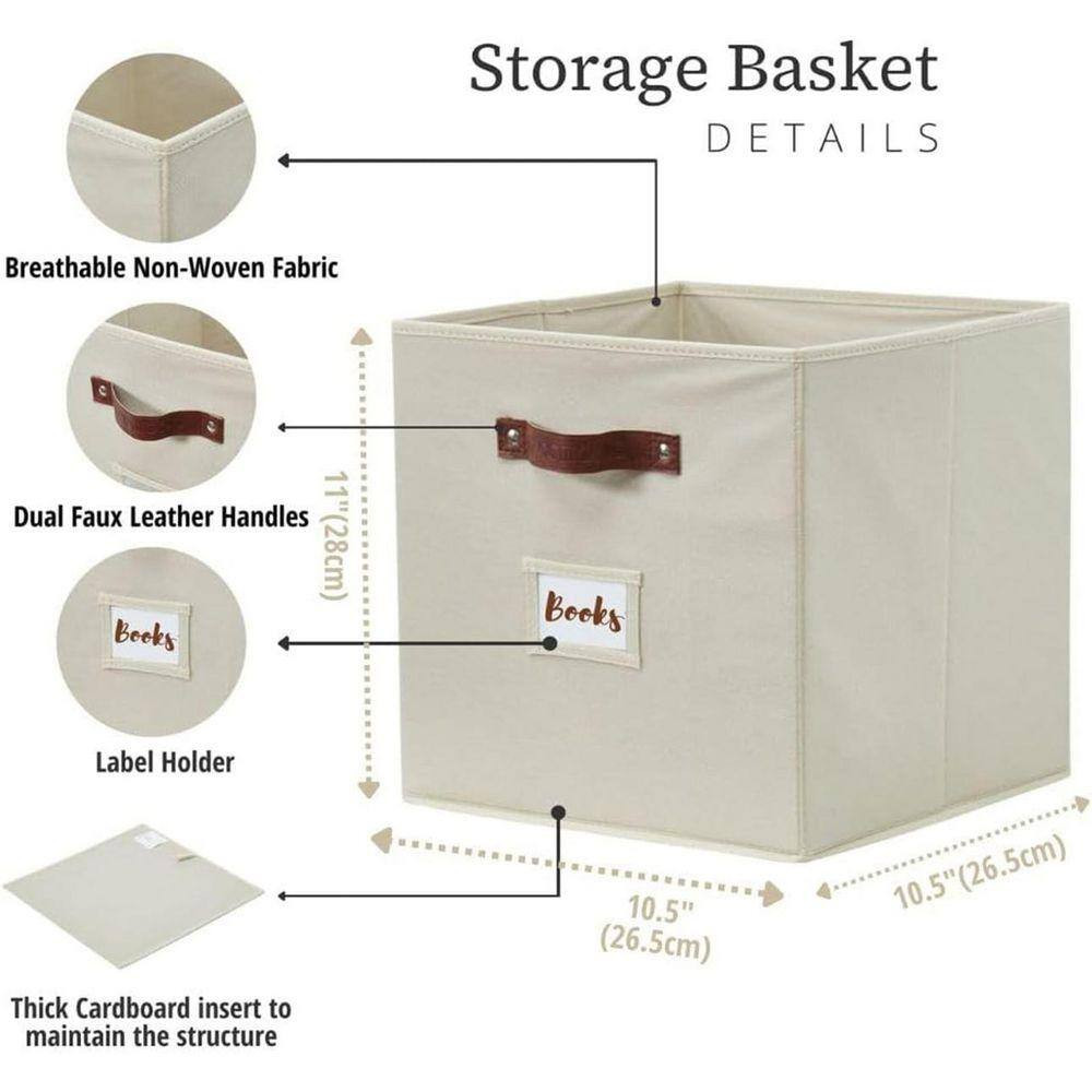Beige 10.5 In. X 11 In. Fabric Decorative Basket Set of 6, Storage Cubes Organiz