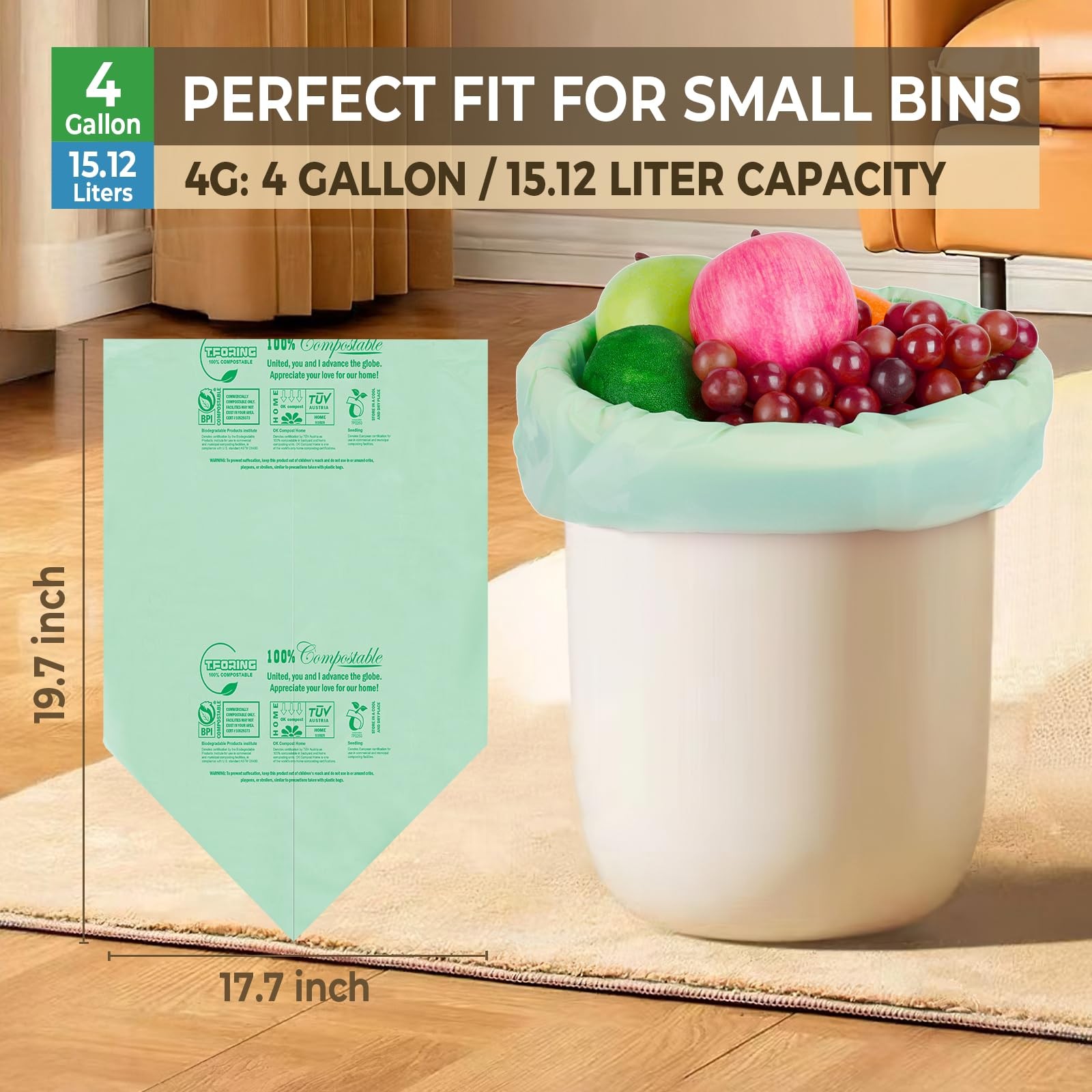 Compostable Trash Bags, 3-4 Gallon, 15 L, Extra Thick 0.8 Mil, Small Kitchen …