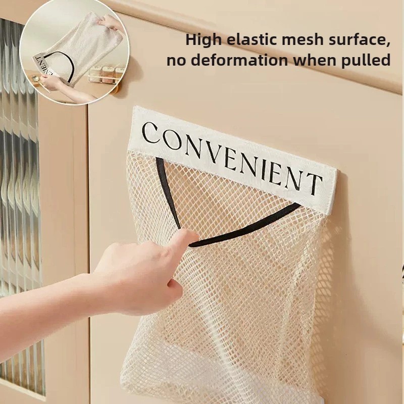 Trash Bag Holder Dispenser Sticky Wall Mount Mesh Convenient Storage Organizer