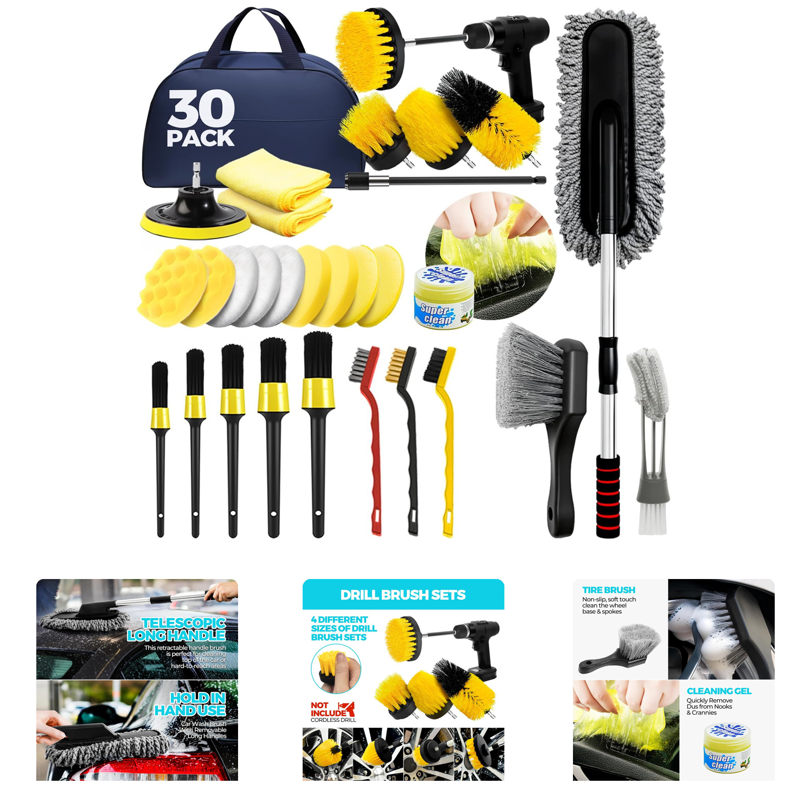 Car Detailing Brushes Microfiber Car Wash Kit Extendable Handle Interior
