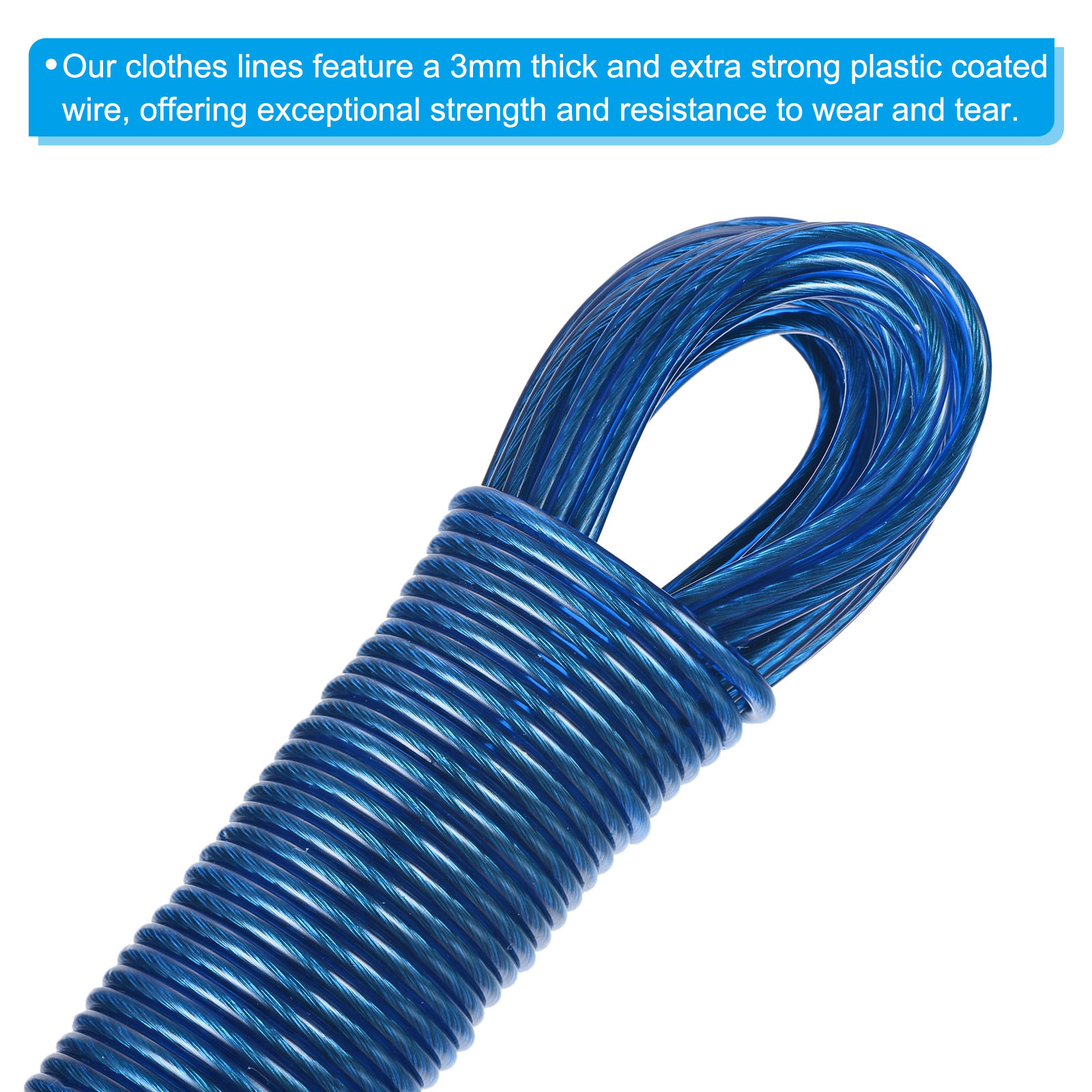 Plastic Coated Clothesline 1/8 Inch x 66 FT Steel Core Clothes Lines Wire Blue