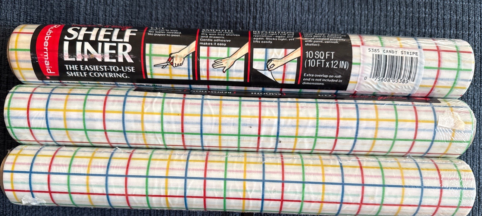 Rubbermaid Vintage 1985 Candy Stripe Shelf Liner Three Sealed Rolls 5385