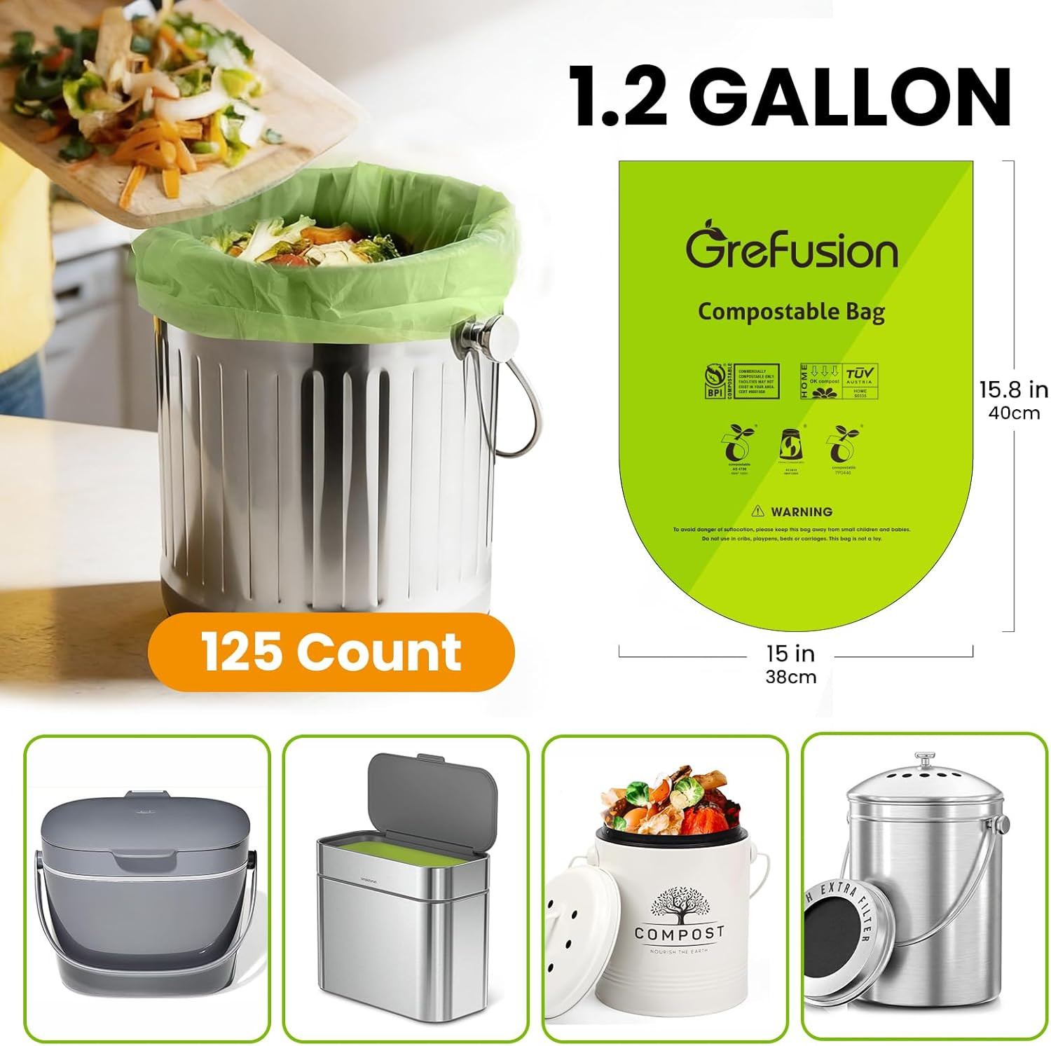 (Include 100+25 Bonus Bags) Compostable Bags 1.2-1.6 Gallon,Fits 0.75,1,1.2,1.3