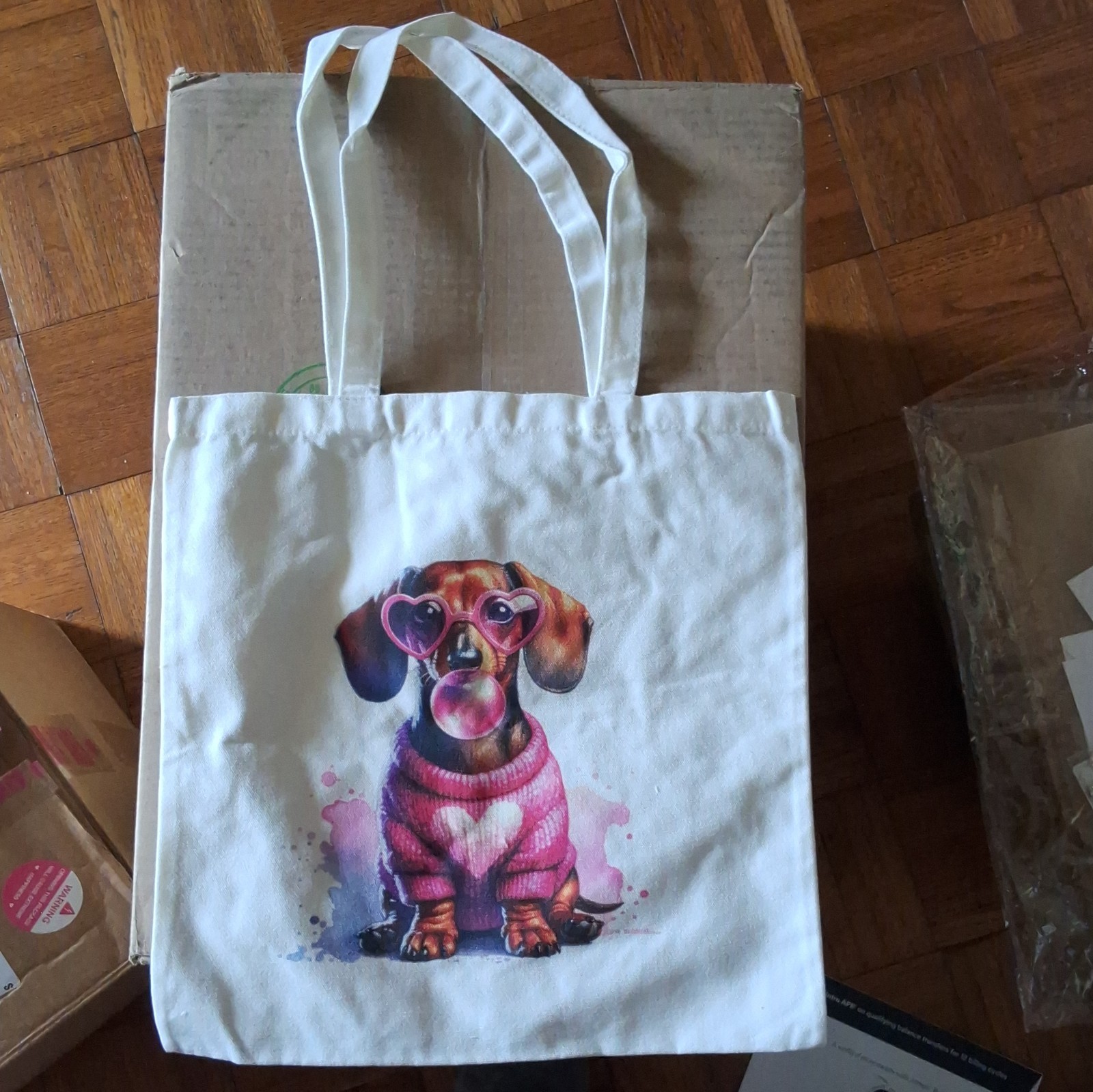Reusable Canvas Tote Bag Pop Art Dachshund Animal Print White Multicolor