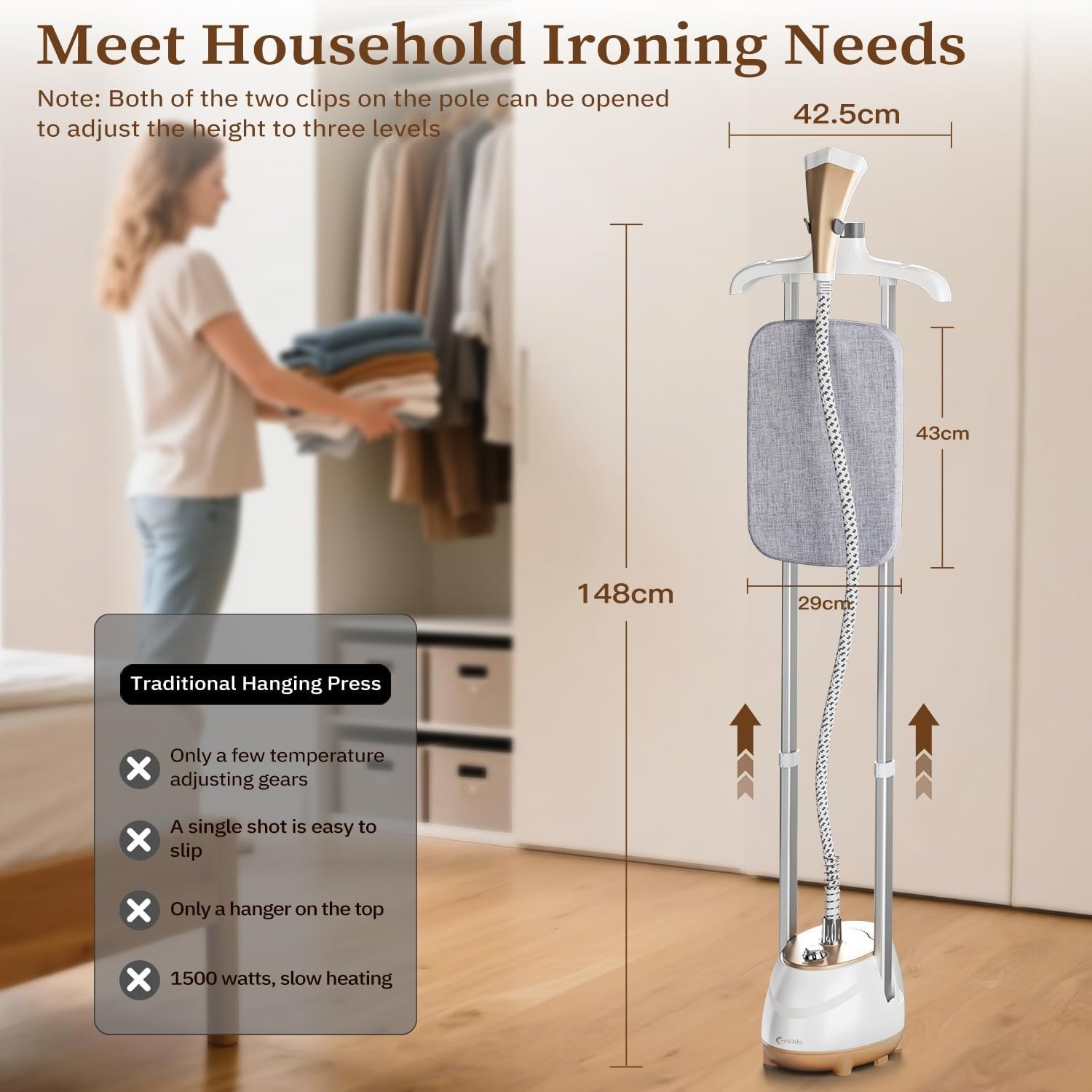 Clothes Steamer 1800W Standing Garment Steamer with Adjustable Double Rod