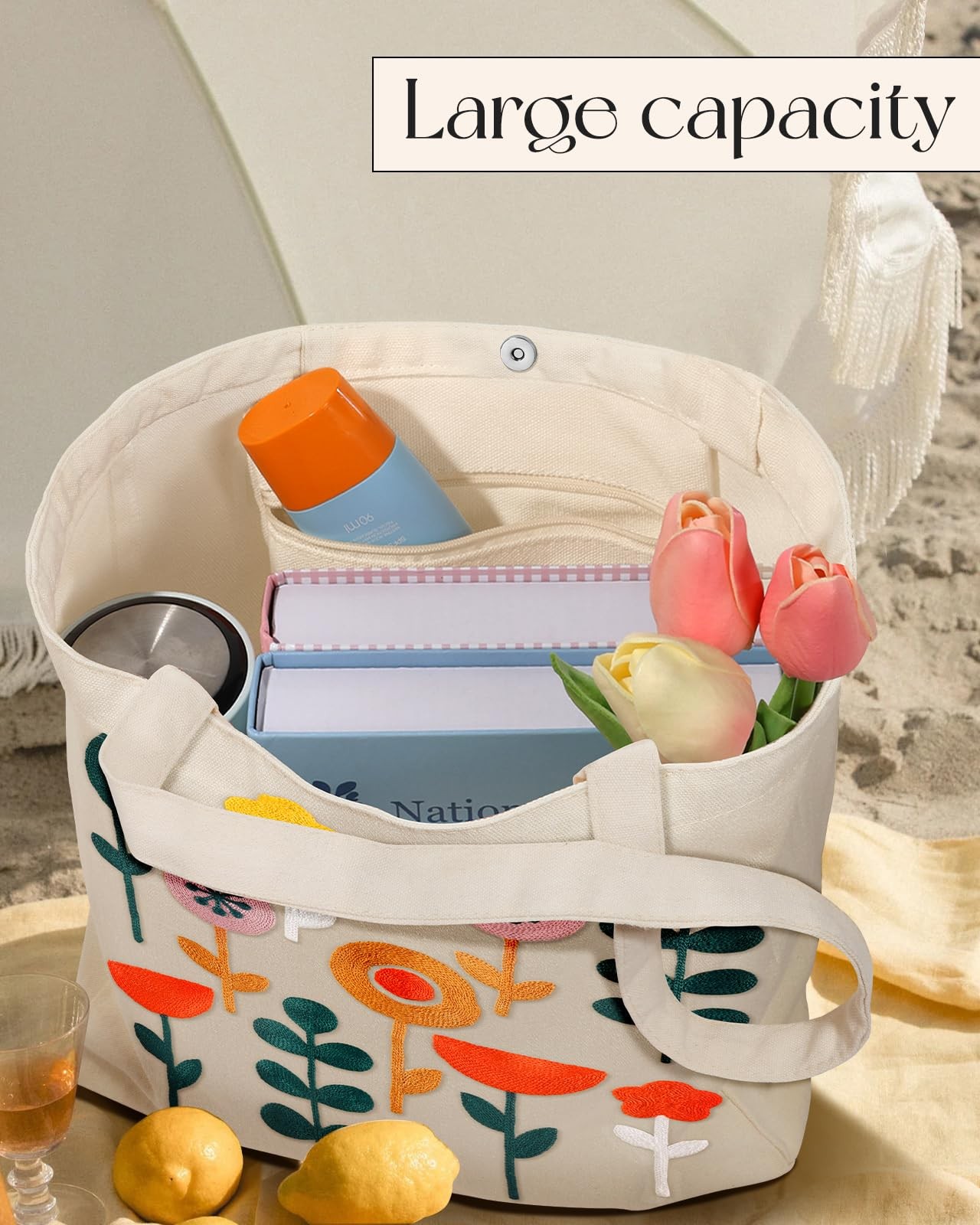 Floral Embroidery Canvas Tote Bag with Pocket, Plants Flower