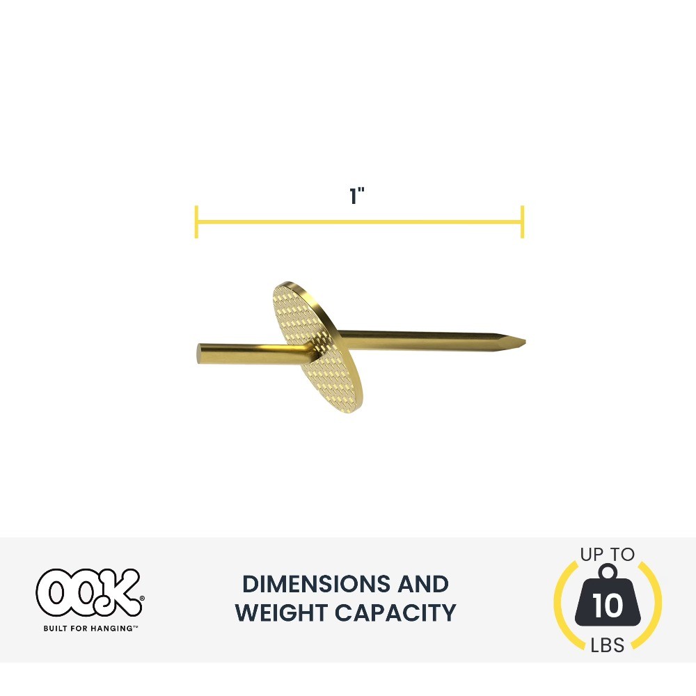 (3 pack)One-Step Picture Hanger, Push Pin, 10 lbs, Steel, Brass, Gold, 6 pack
