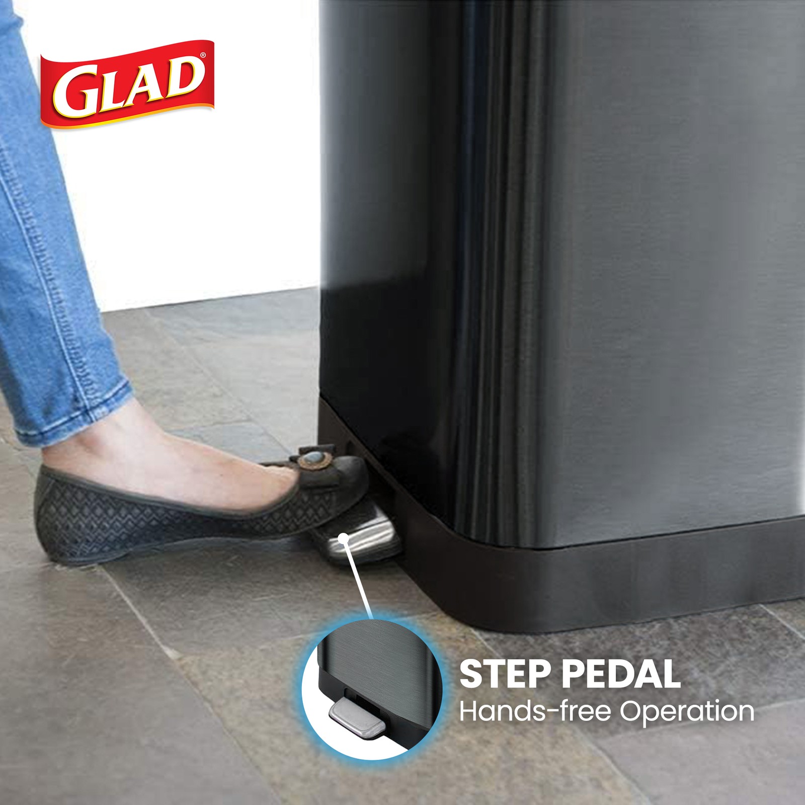 Glad Step Trash Can, Soft Close Lid Bin with Odor Protection, 20 Gallon, Pewter