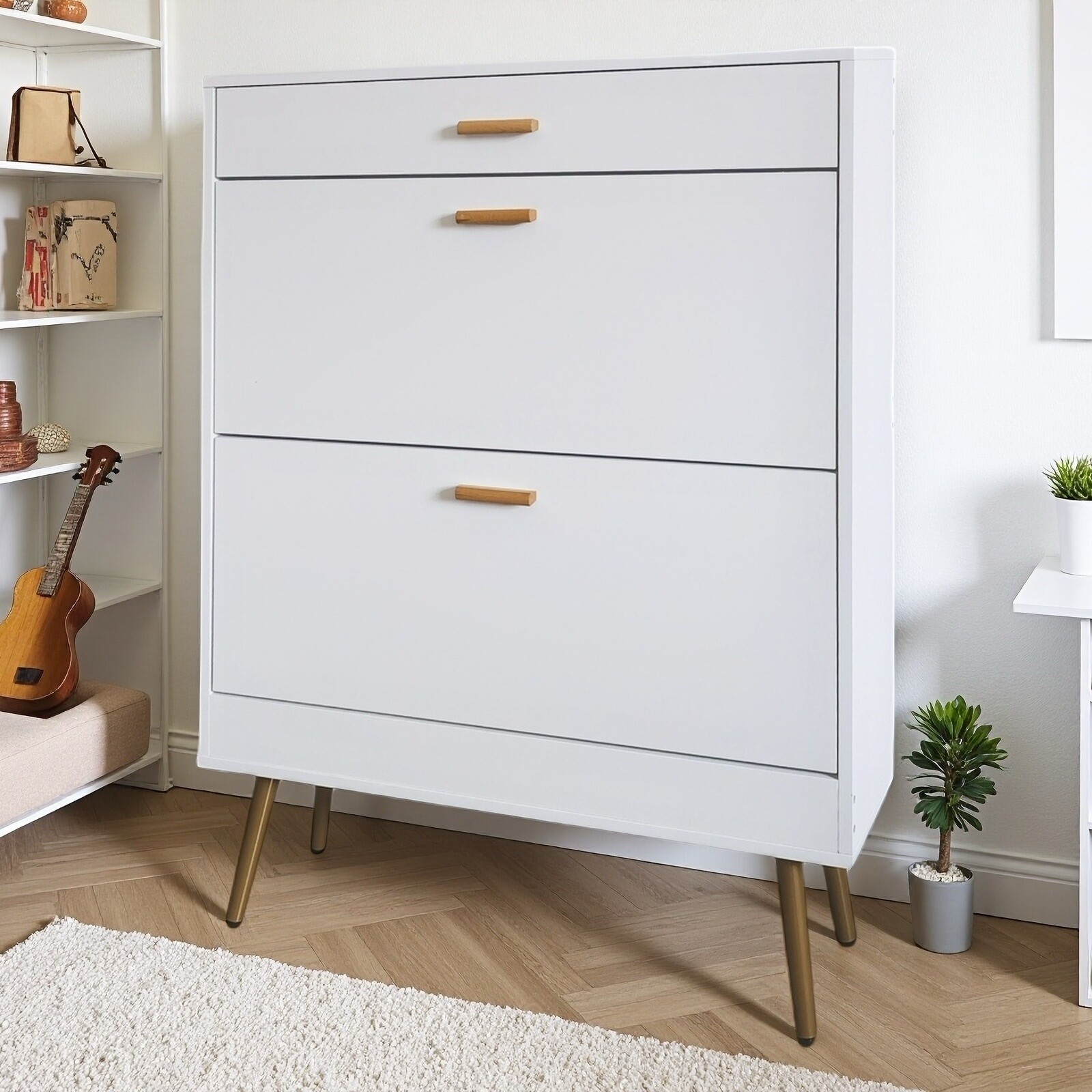 White 2 Flip Drawers Shoe Cabinet, Luxury Shoe Storage & Shoe Rack