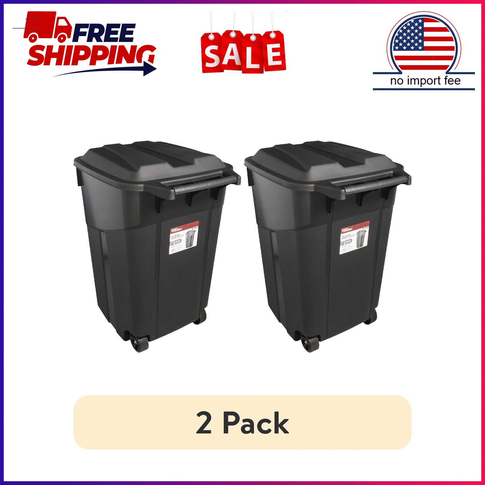 (2 pack) Hyper Tough 45 Gallon Wheeled Heavy Duty Plastic Garbage Can, Lid