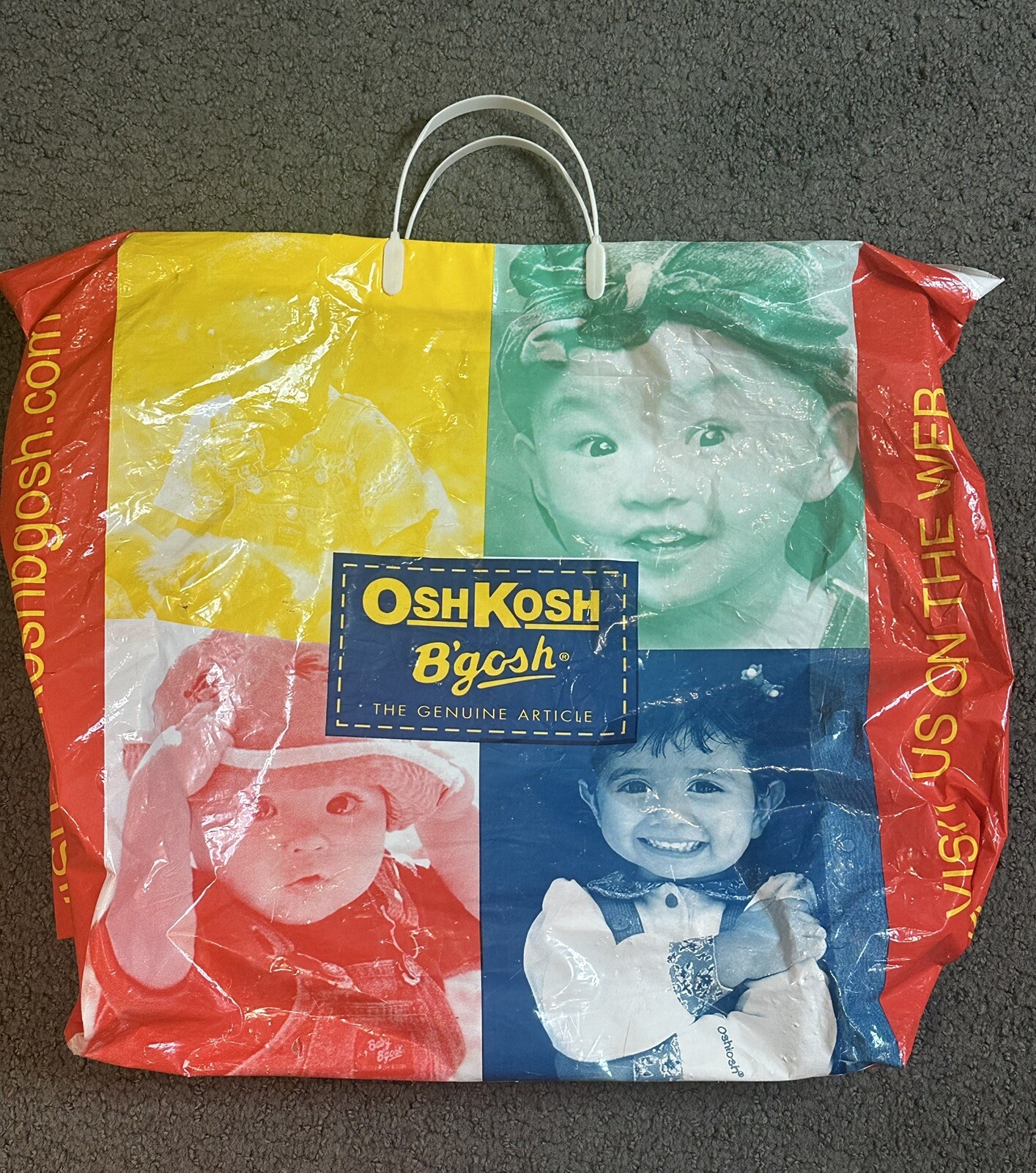 Vintage Oshkosh B’gosh Tote Plastic Shopping Bag Red Yellow Blue 16 x 17.25 x 6”