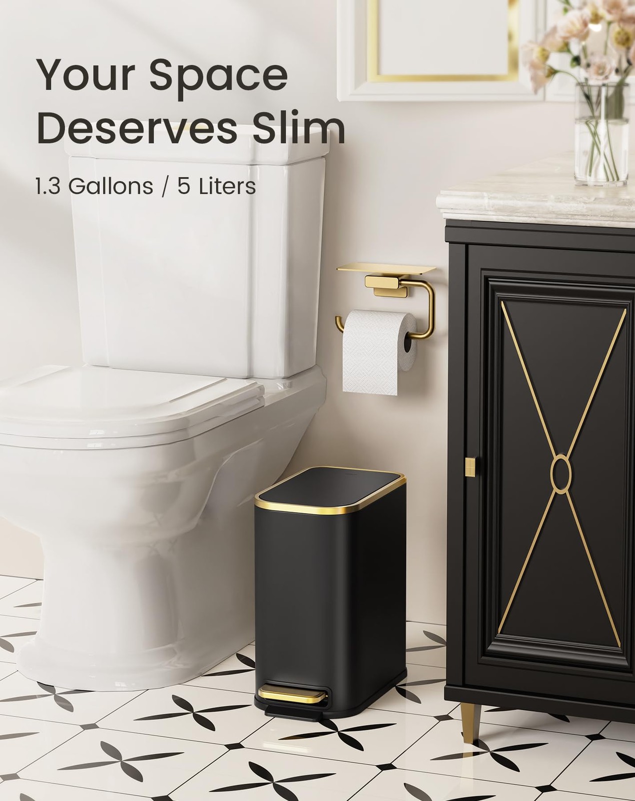 1.3 Gallon 5L Small Bathroom Trash Can with Lid Soft Close Black Gold
