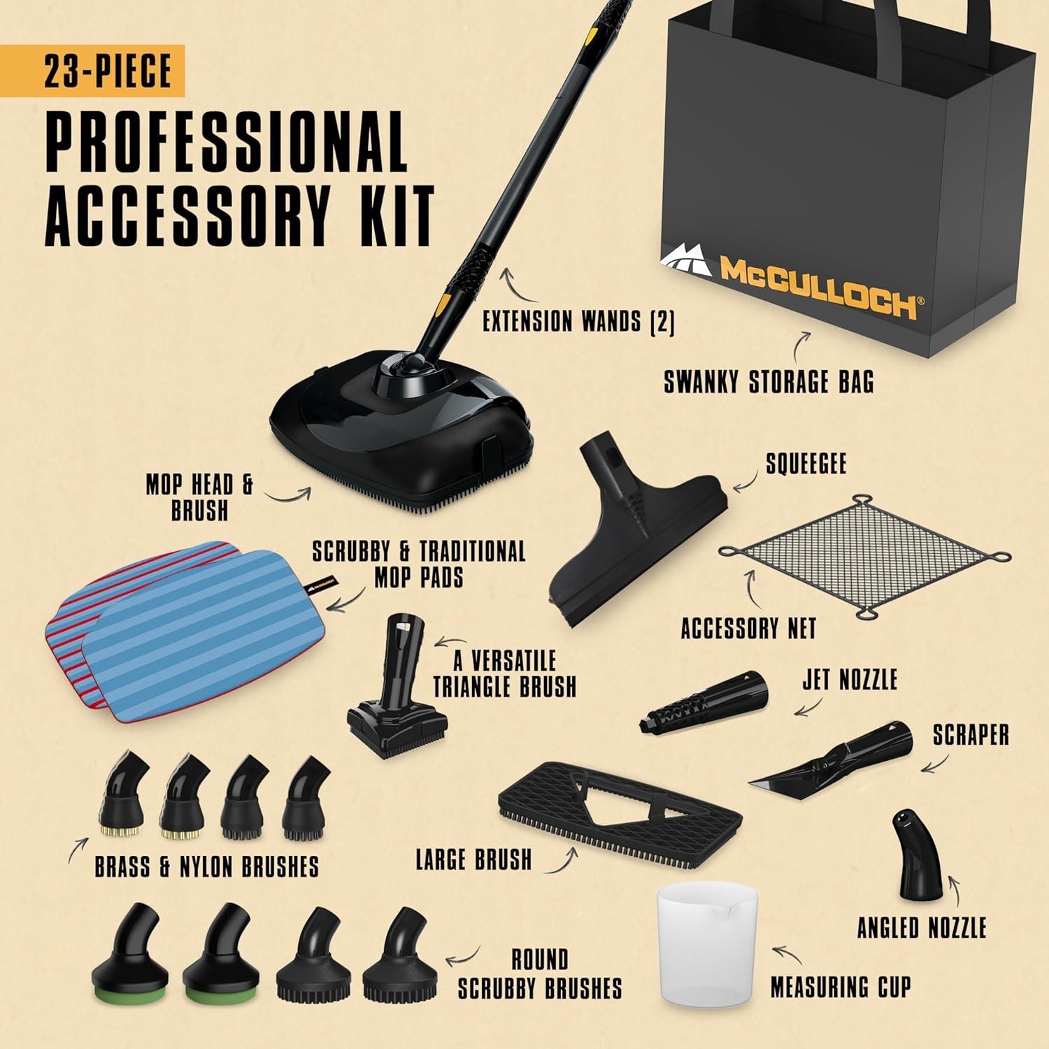 McCulloch MC1385 Deluxe Canister Steam Cleaner with 23 Accessories, Chemical-Fre