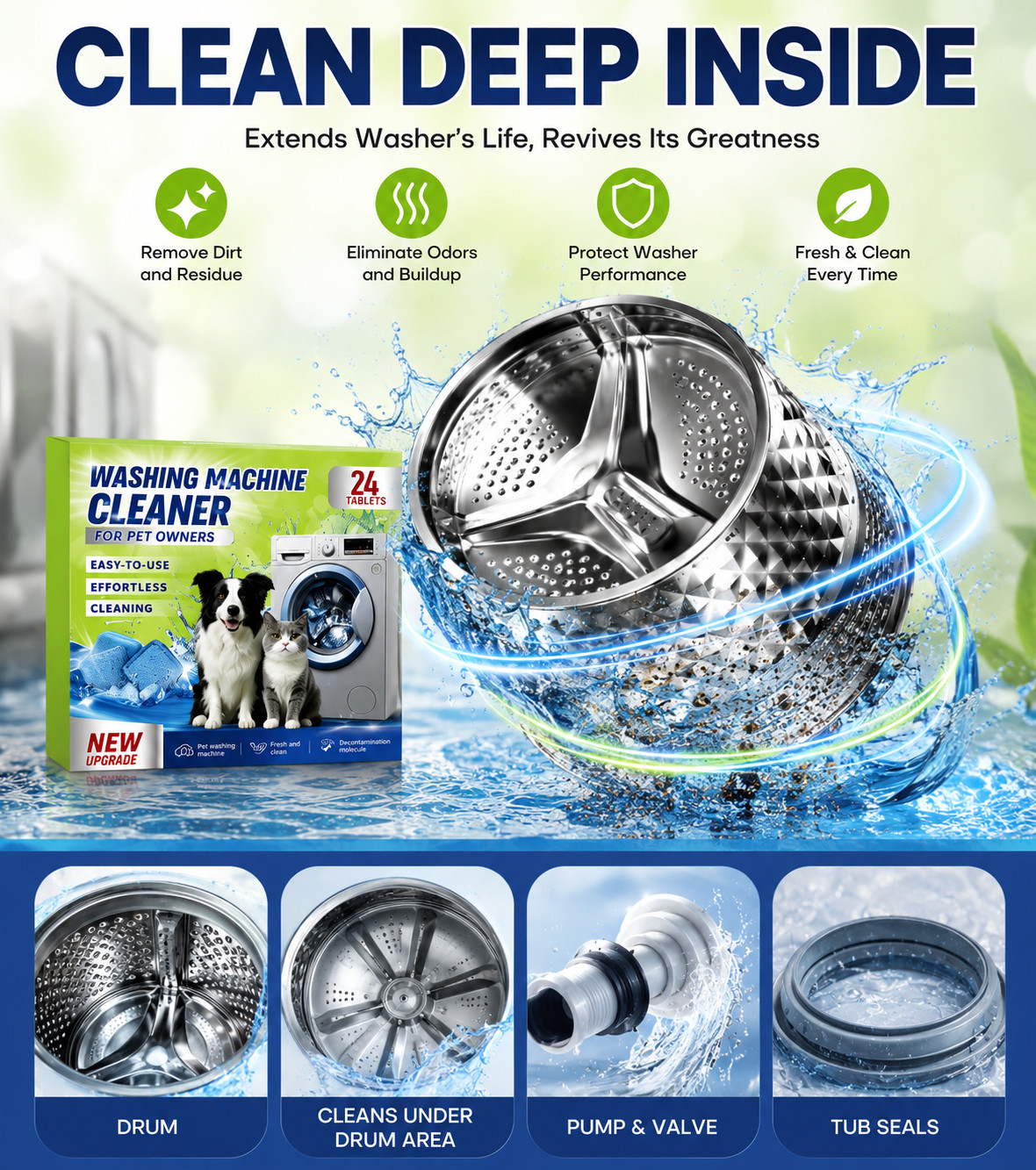 Washing Machine Cleaner Tablets for Pet Owners Deep Clean Odor Remover 24 Pack