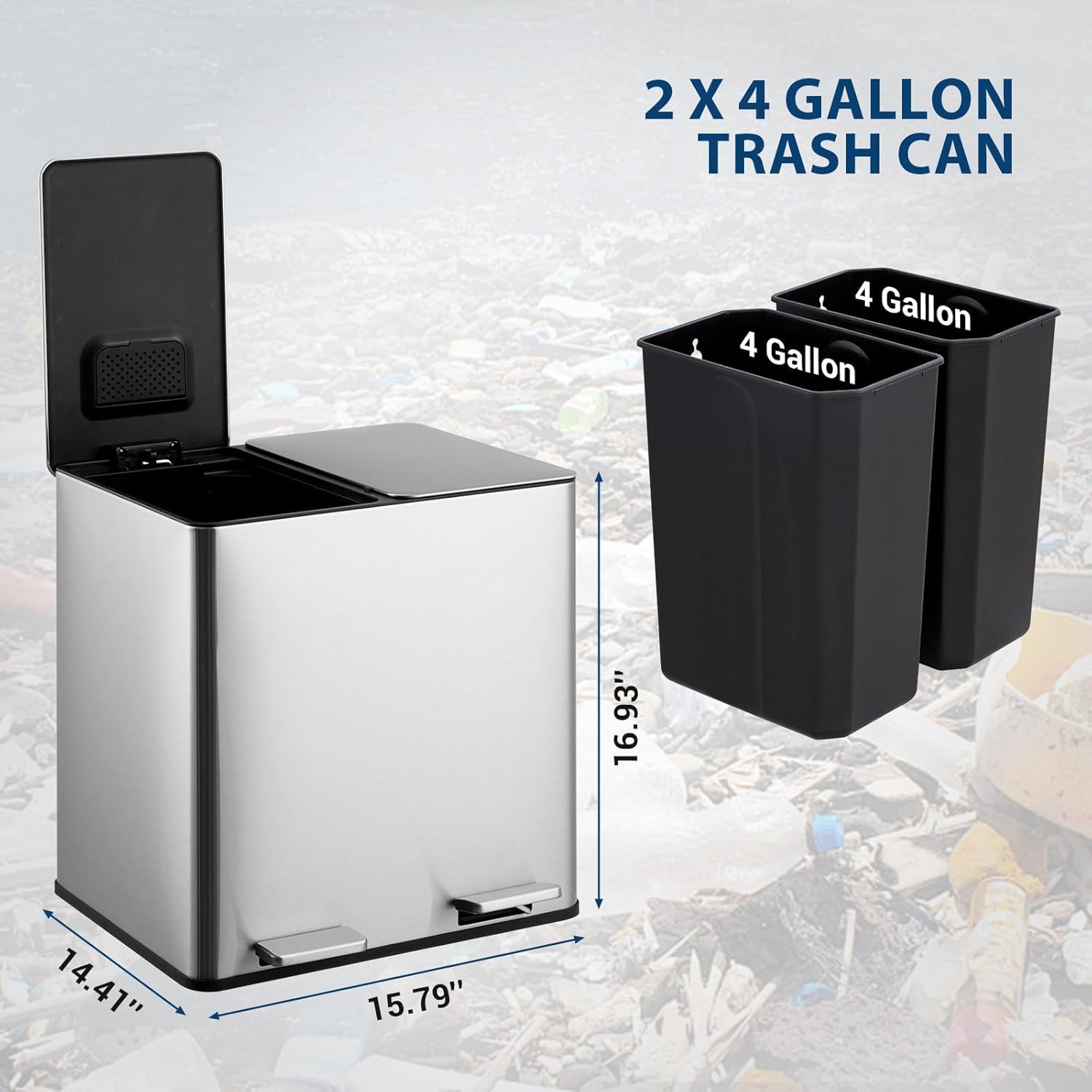 Dual Trash Can 2x 4gal/15L Stainless Steel Step Trash Can Garbage Can Kitchen