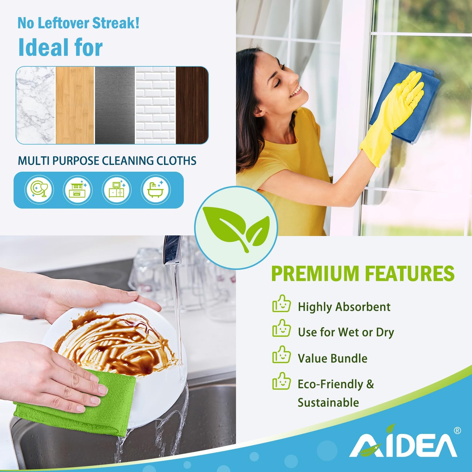 AIDEA Microfiber Cleaning Cloth, 10PK, Soft Absorbent 12″×12″, Blue/Yellow