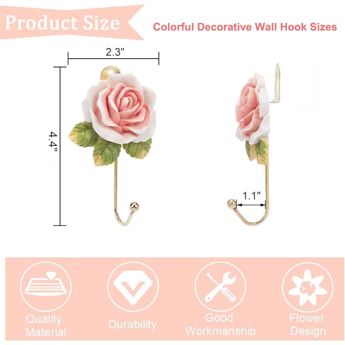 2 Pcs Pink Rose Decorative Wall Hooks Fancy Resin Flower Towel & Key Hooks Metal